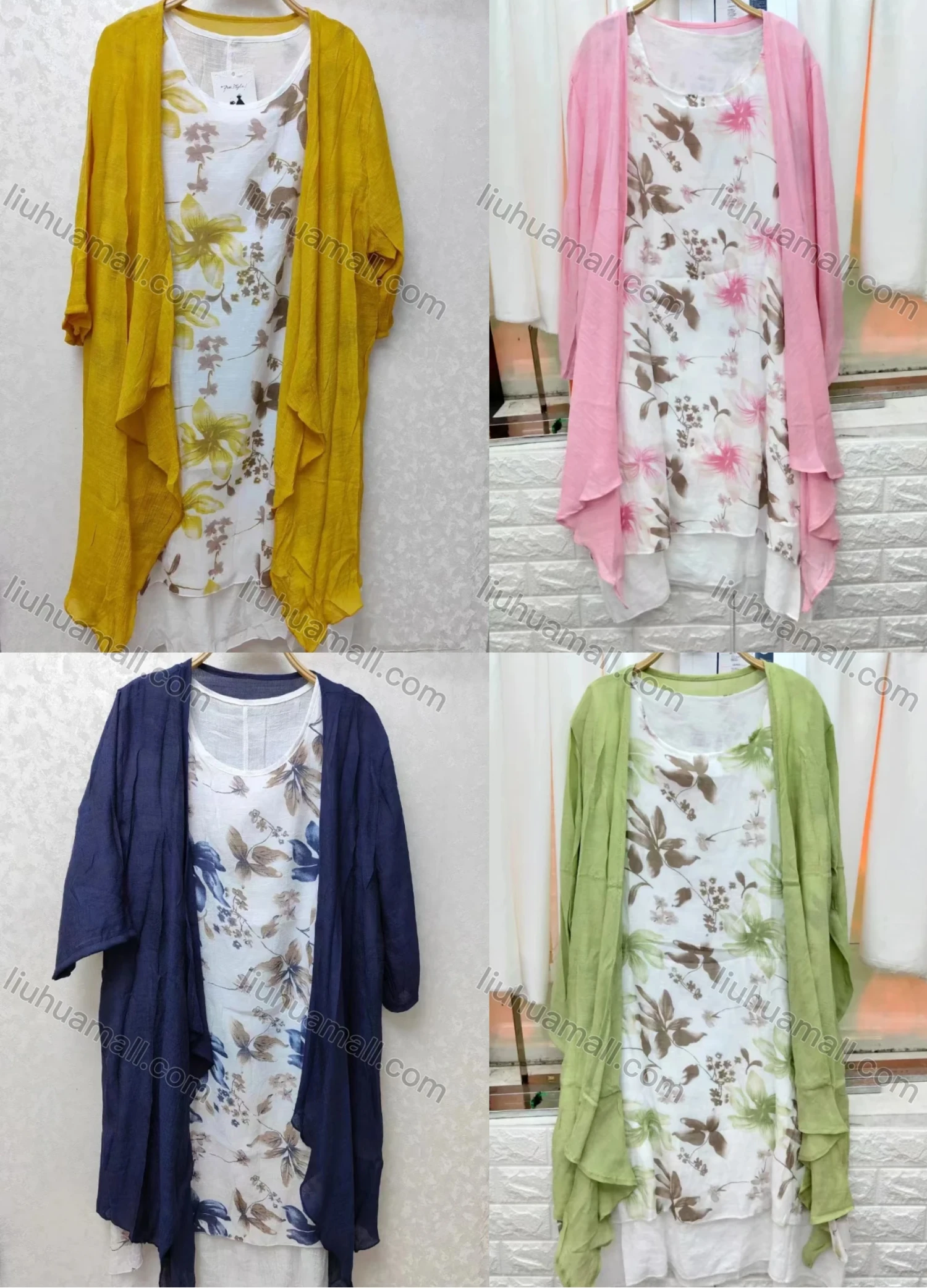 Wholesale Women's Elegant Crew Neck Floral Midi Dress & Cardigan Set - Liuhuamall