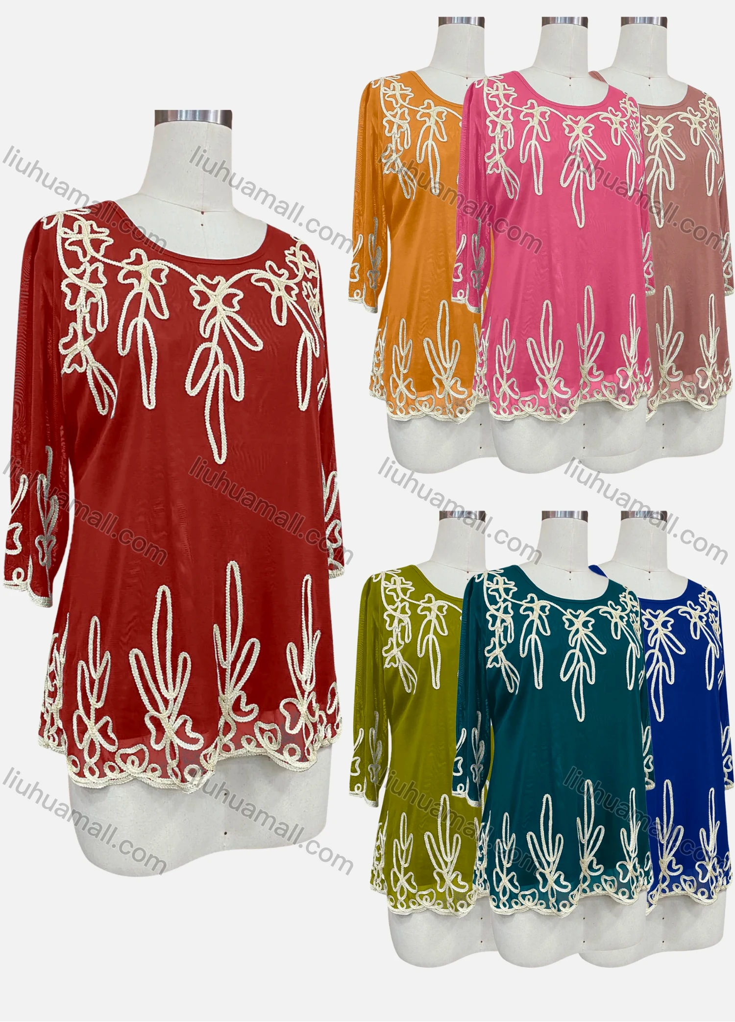 Wholesale Women's Elegant Floral Embroidery Round Neck Half Sleeve Blouse - Liuhuamall