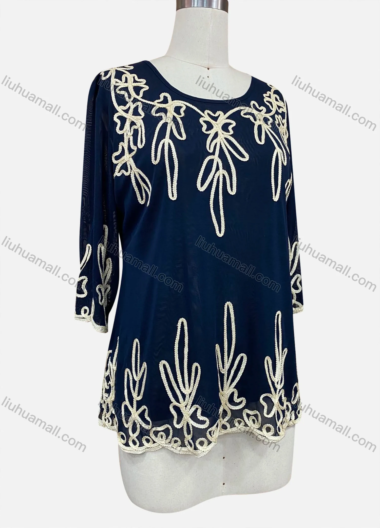 Wholesale Women's Elegant Floral Embroidery Round Neck Half Sleeve Blouse - Liuhuamall