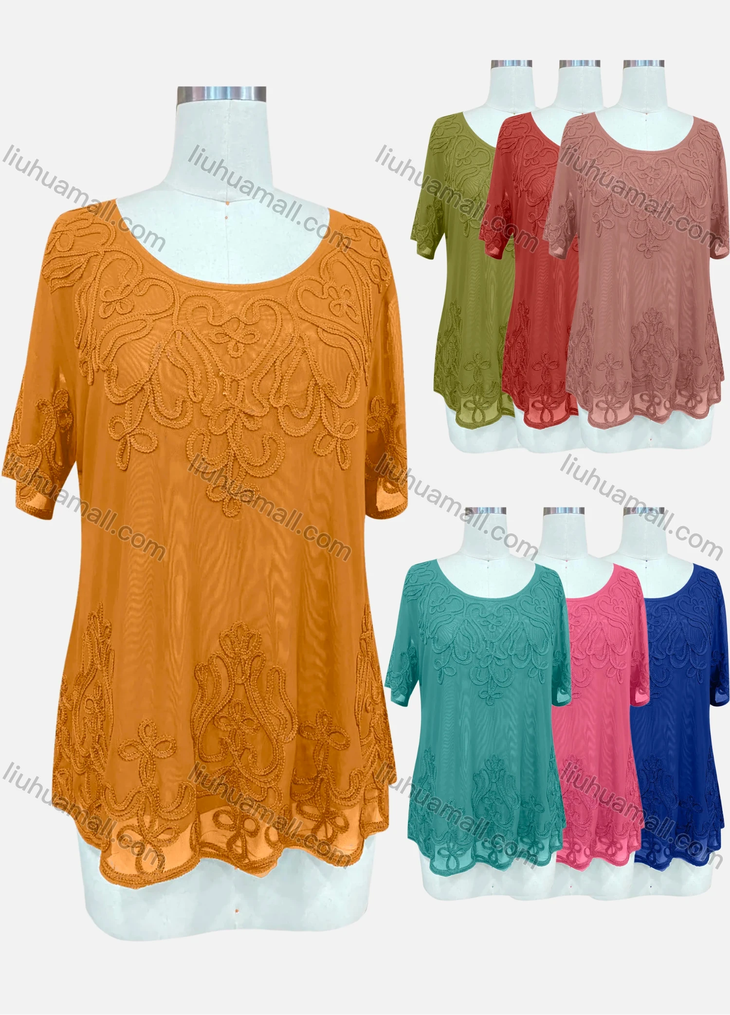 Wholesale Women's Elegant Plain Floral Embroidery Round Neck Sheer Short Sleeve Blouse - Liuhuamall