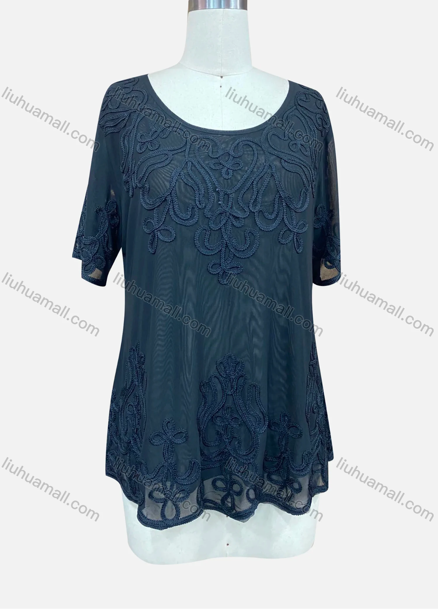 Wholesale Women's Elegant Plain Floral Embroidery Round Neck Sheer Short Sleeve Blouse - Liuhuamall