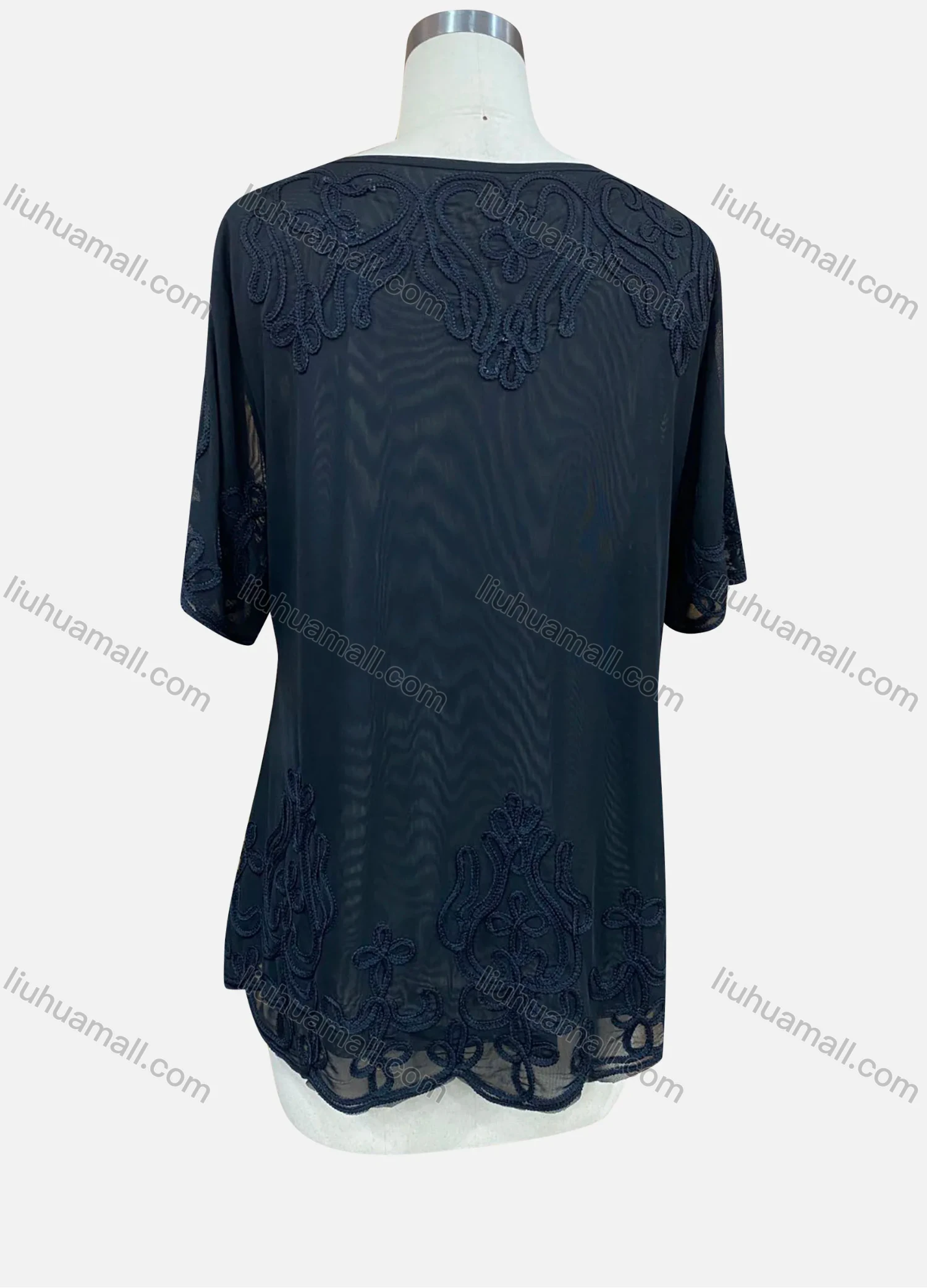 Wholesale Women's Elegant Plain Floral Embroidery Round Neck Sheer Short Sleeve Blouse - Liuhuamall