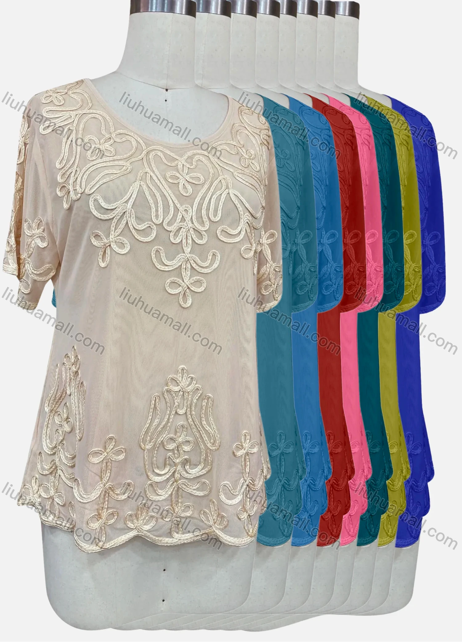 Wholesale Women's Elegant Plain Floral Embroidery Round Neck Sheer Short Sleeve Blouse - Liuhuamall