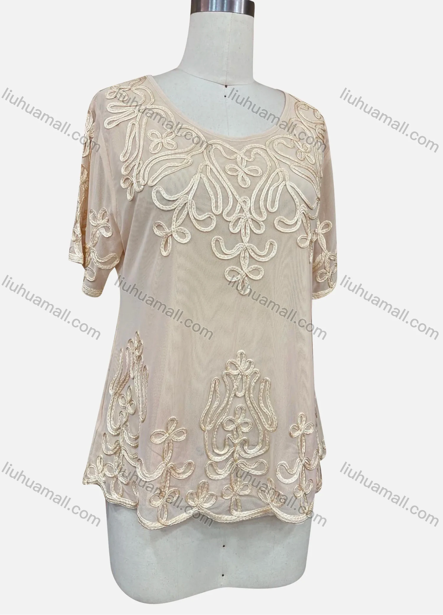 Wholesale Women's Elegant Plain Floral Embroidery Round Neck Sheer Short Sleeve Blouse - Liuhuamall