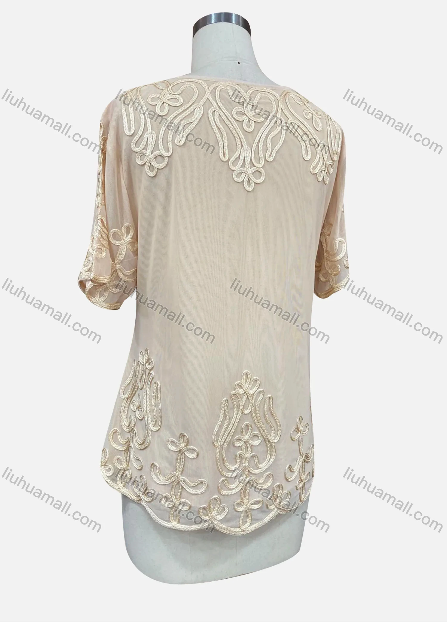 Wholesale Women's Elegant Plain Floral Embroidery Round Neck Sheer Short Sleeve Blouse - Liuhuamall