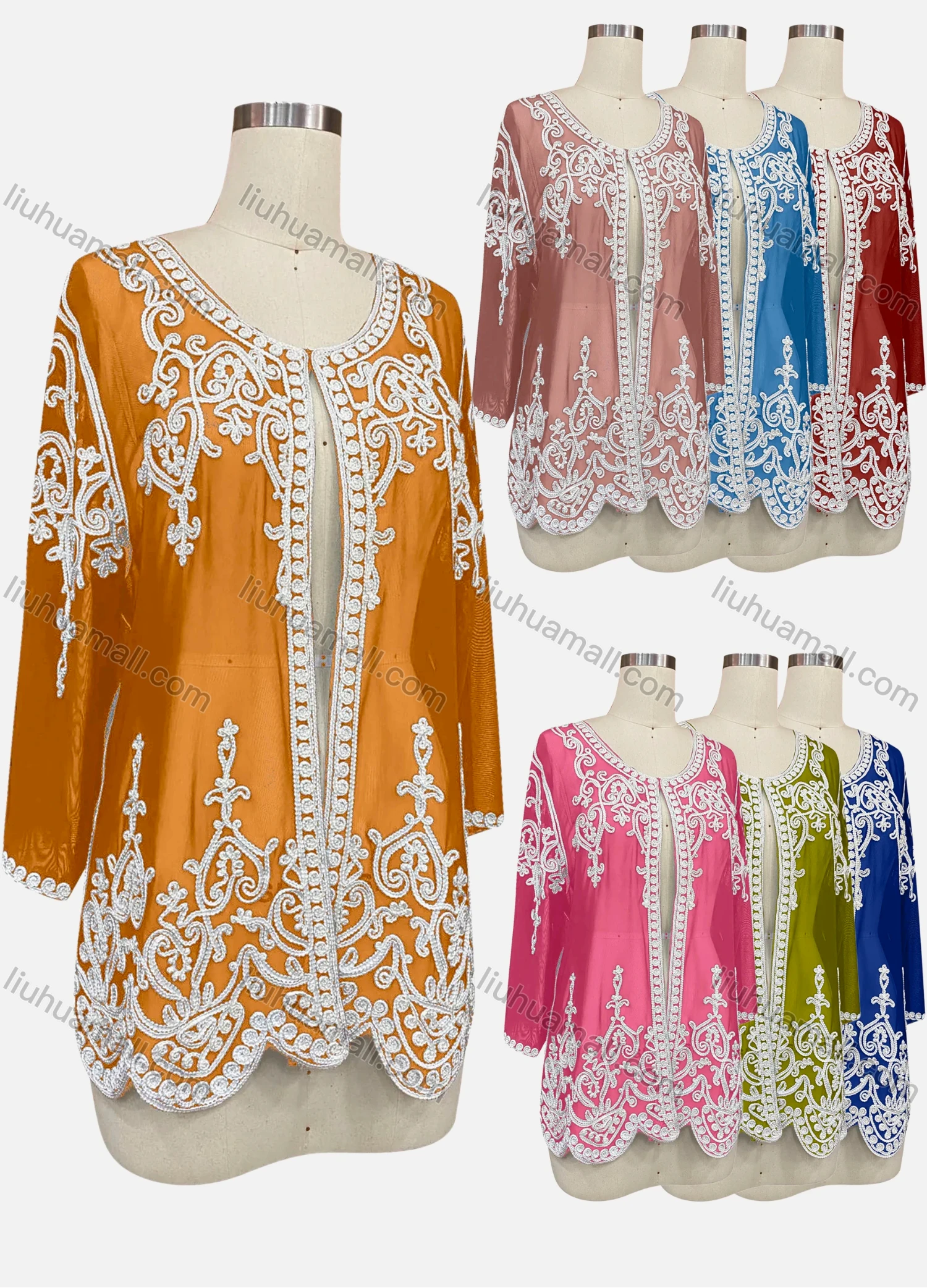 Wholesale Women's Elegant Floral Embroidery Round Neck Sheer Long Sleeve Cover Up Cardigan - Liuhuamall