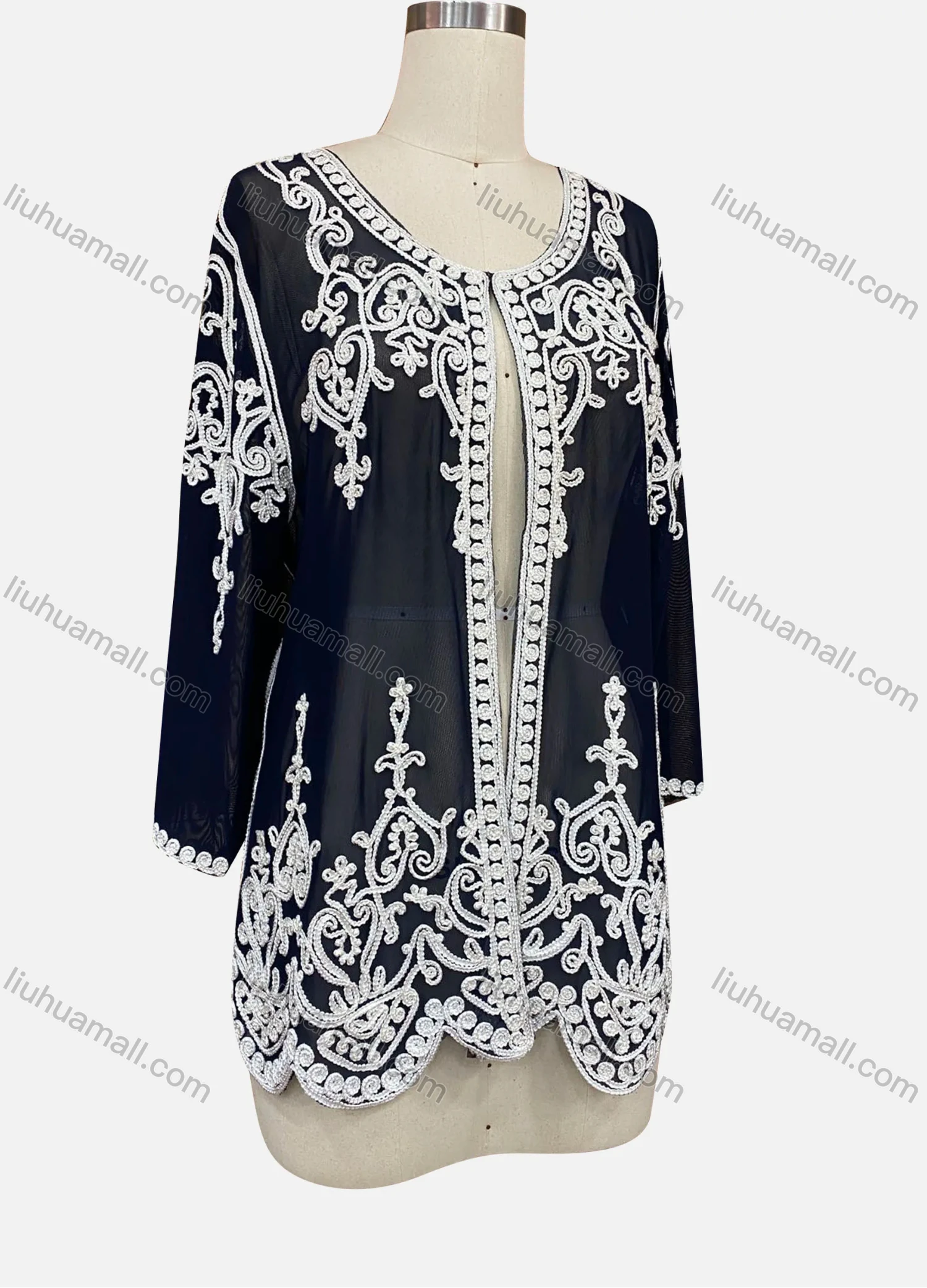 Wholesale Women's Elegant Floral Embroidery Round Neck Sheer Long Sleeve Cover Up Cardigan - Liuhuamall