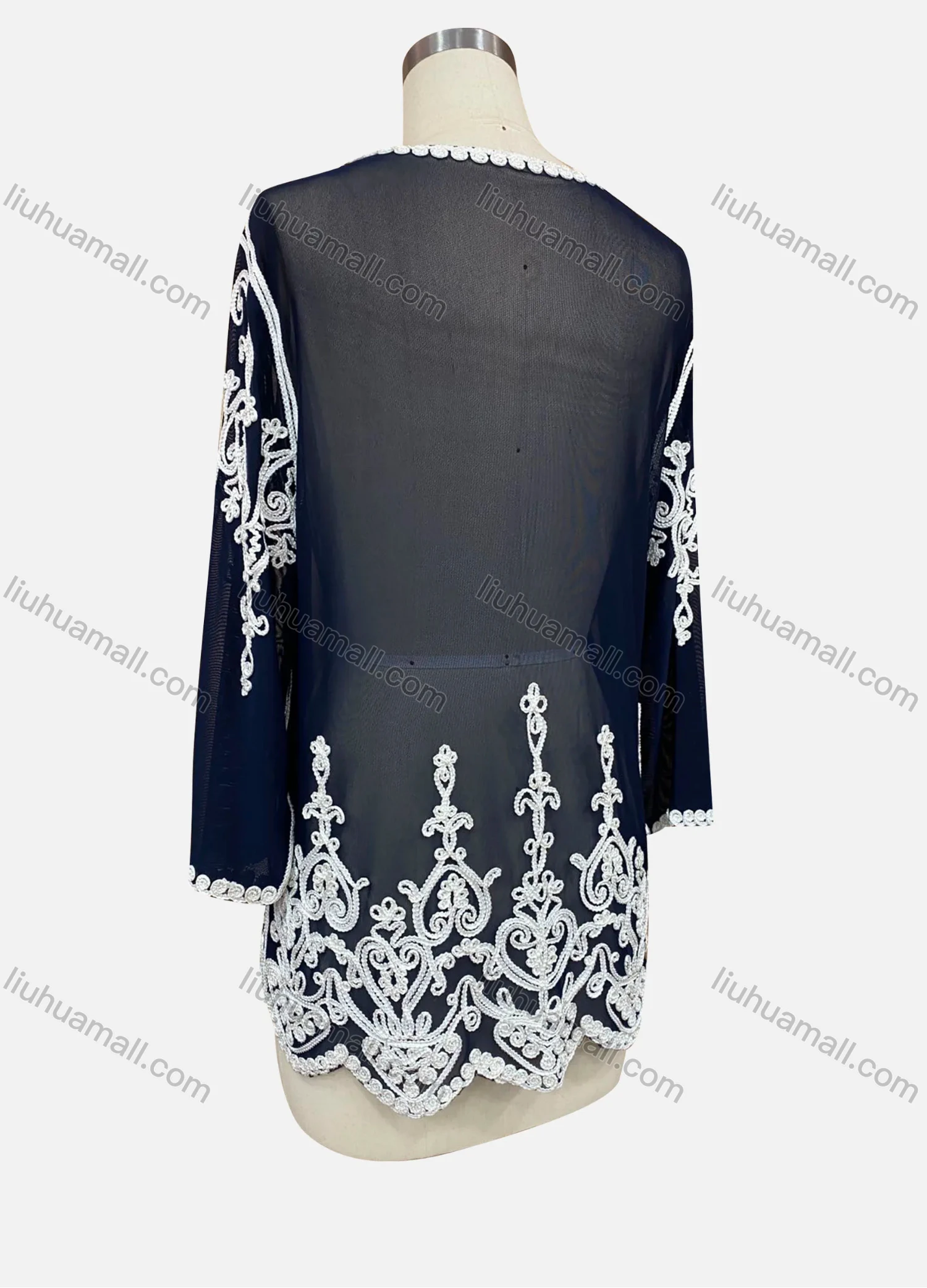 Wholesale Women's Elegant Floral Embroidery Round Neck Sheer Long Sleeve Cover Up Cardigan - Liuhuamall