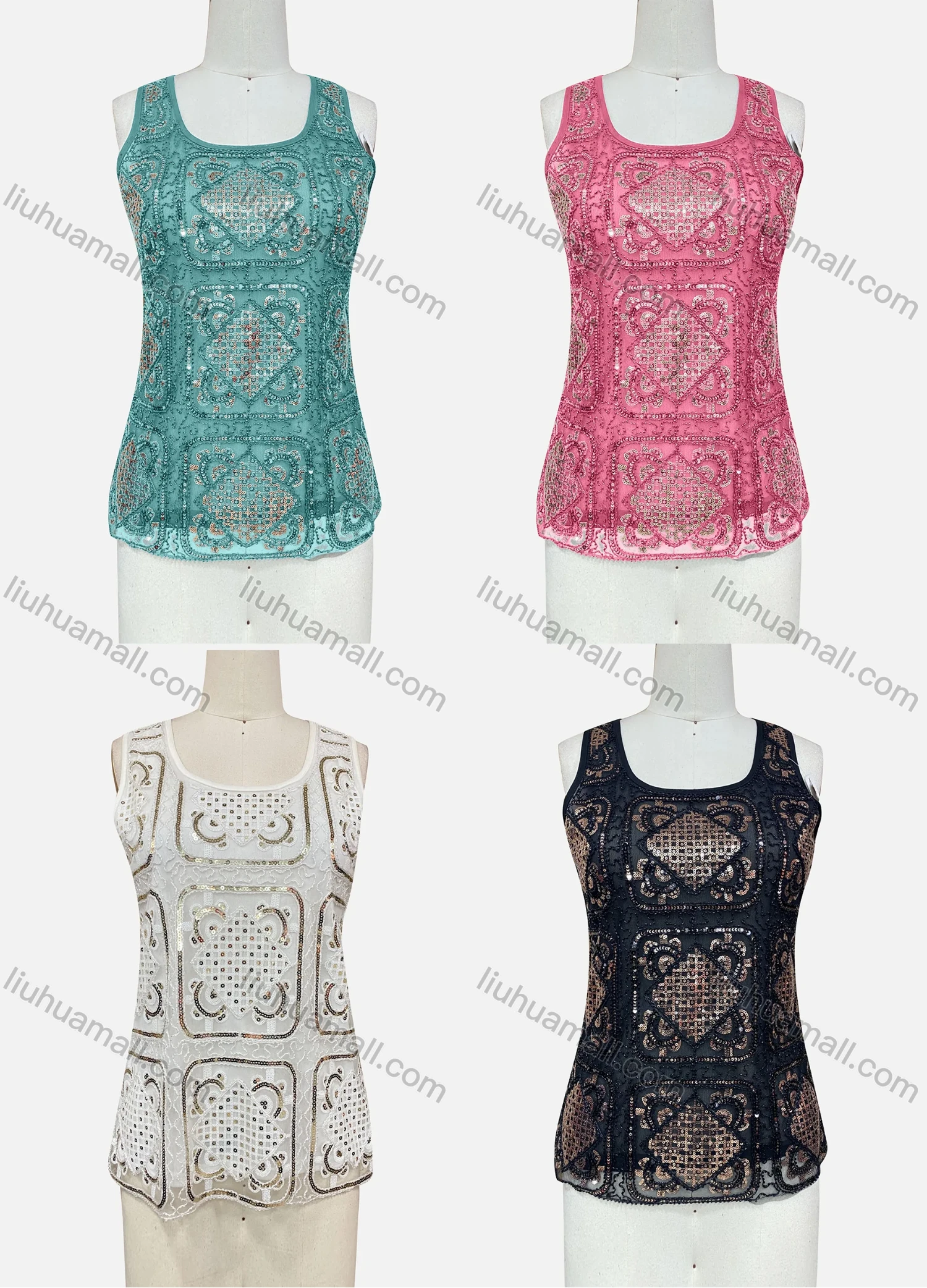 Wholesale Women's Scoop Neck Sheer Allover Sequin Tank Top - Liuhuamall