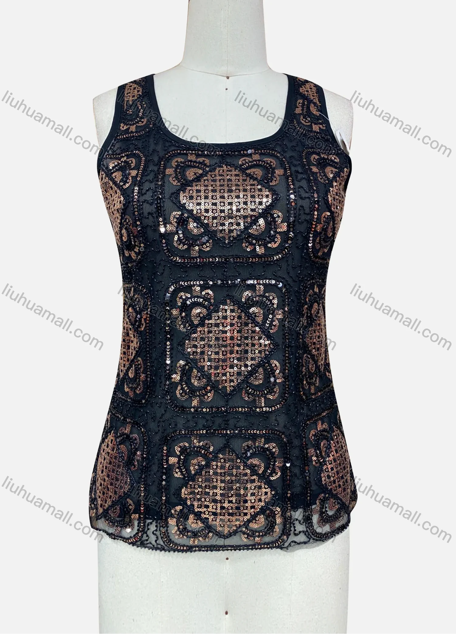Wholesale Women's Scoop Neck Sheer Allover Sequin Tank Top - Liuhuamall