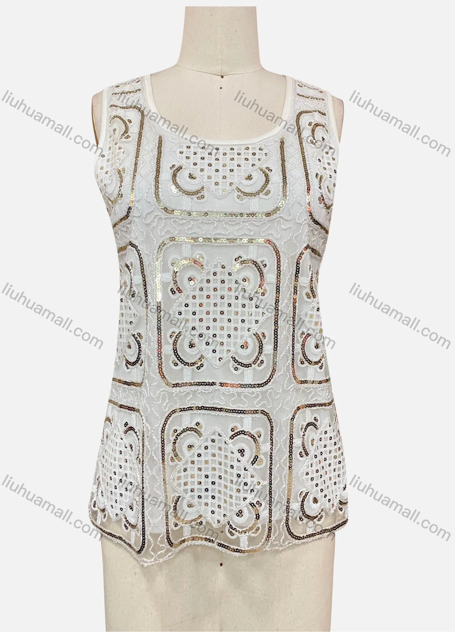 Wholesale Women's Scoop Neck Sheer Allover Sequin Tank Top - Liuhuamall