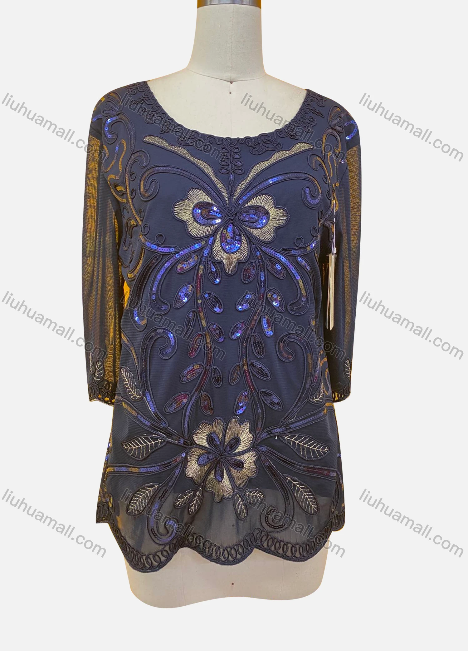 Wholesale Women's Elegant Floral Sequin Embroidery Round Neck Sheer Half Sleeve Blouse - Liuhuamall