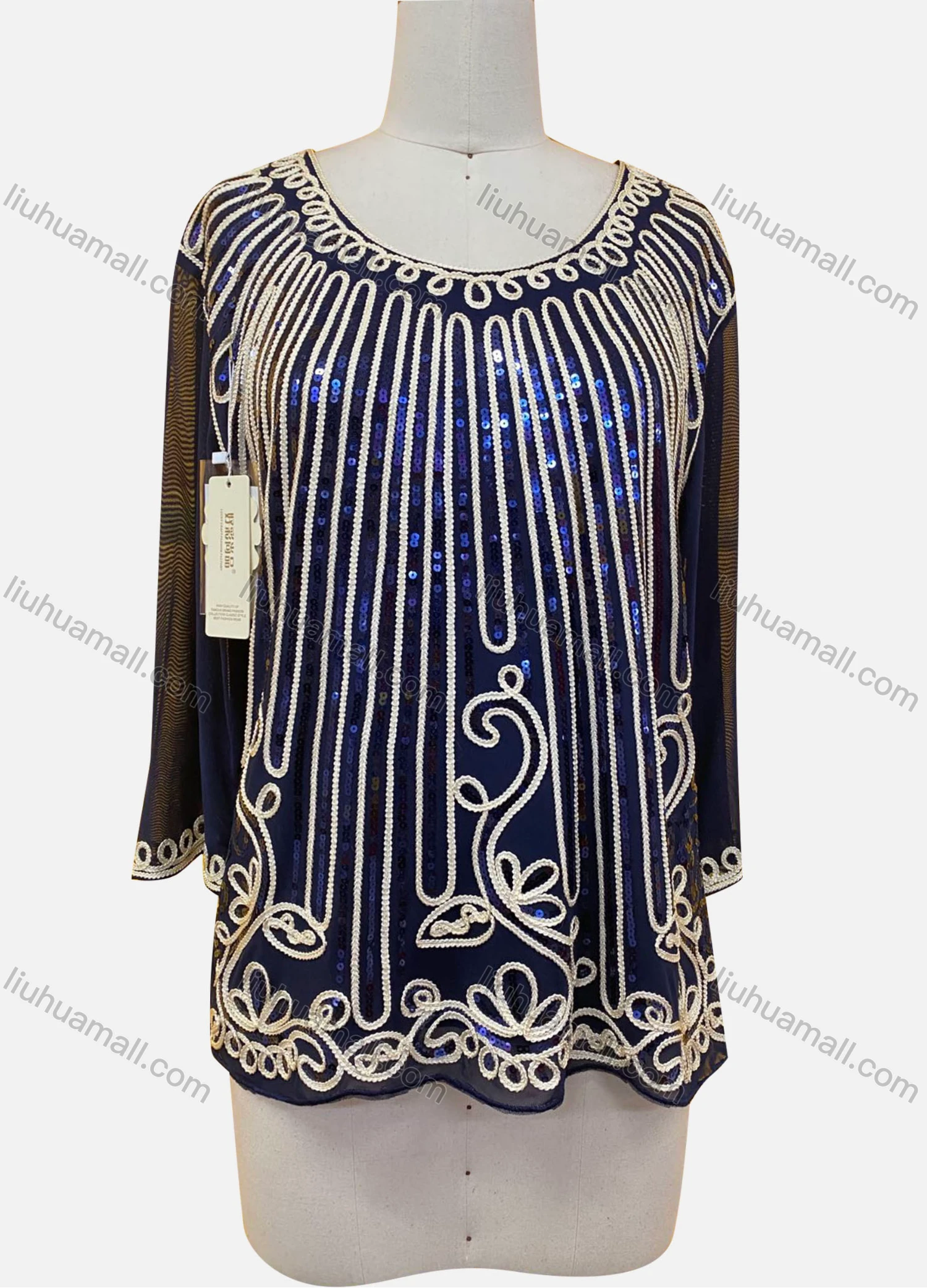 Wholesale Women's Elegant Sheer Floral Sequin Embroidery Round Neck Half Sleeve Blouse - Liuhuamall