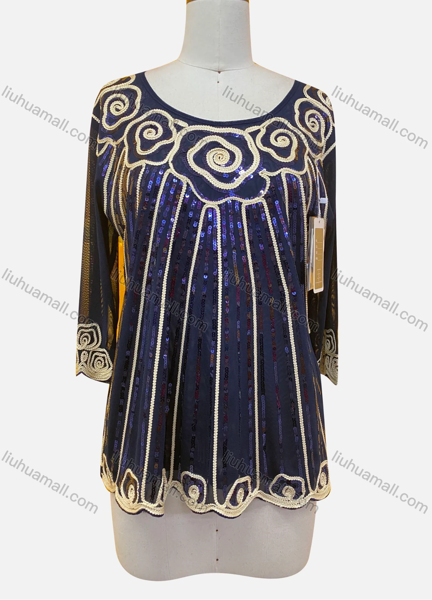 Wholesale Women's Elegant Sheer Floral Sequin Embroidery Round Neck Half Sleeve Blouse - Liuhuamall