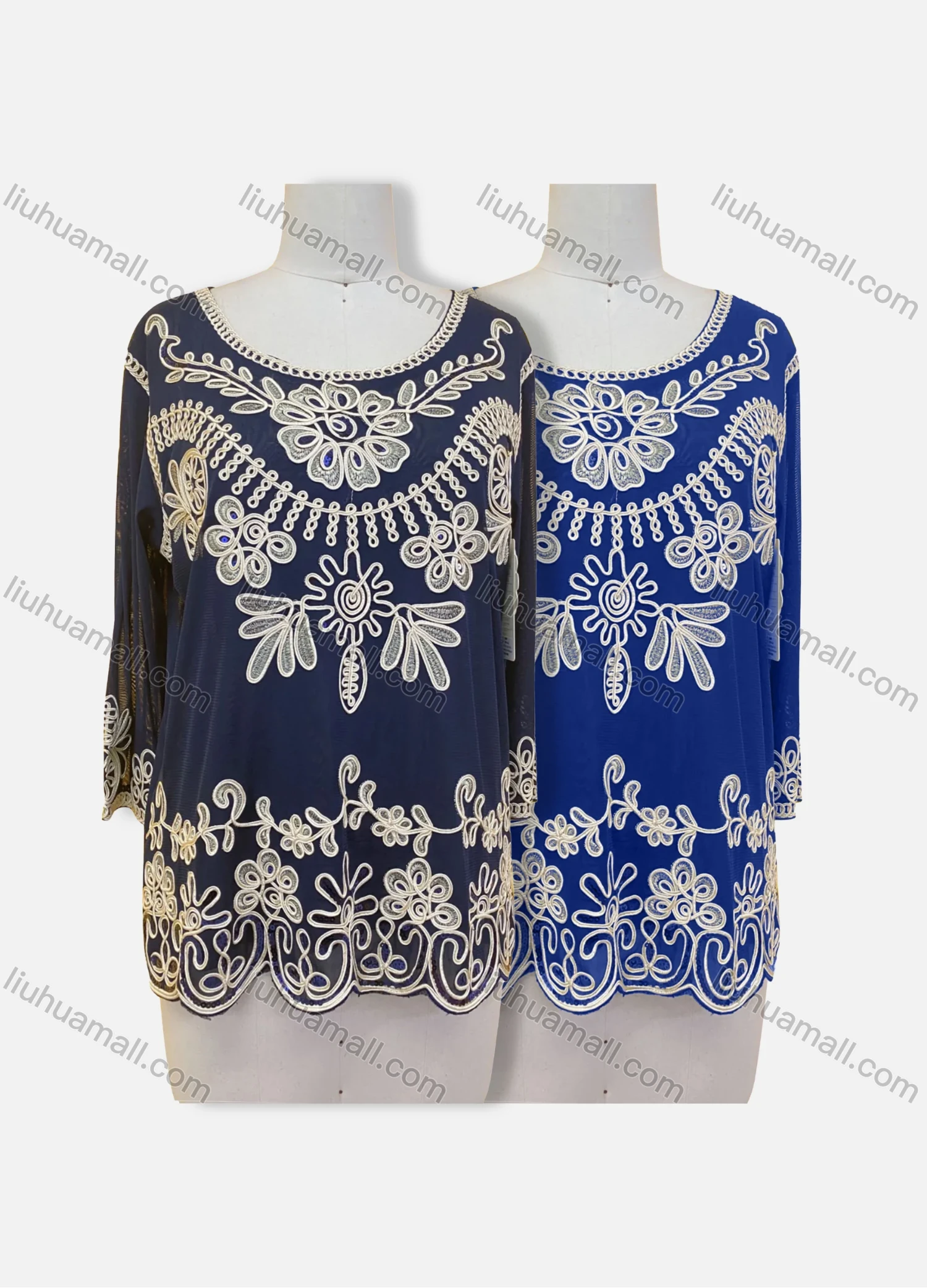 Wholesale Women's Elegant Floral Embroidery Sheer Round Neck Half Sleeve Blouse - Liuhuamall