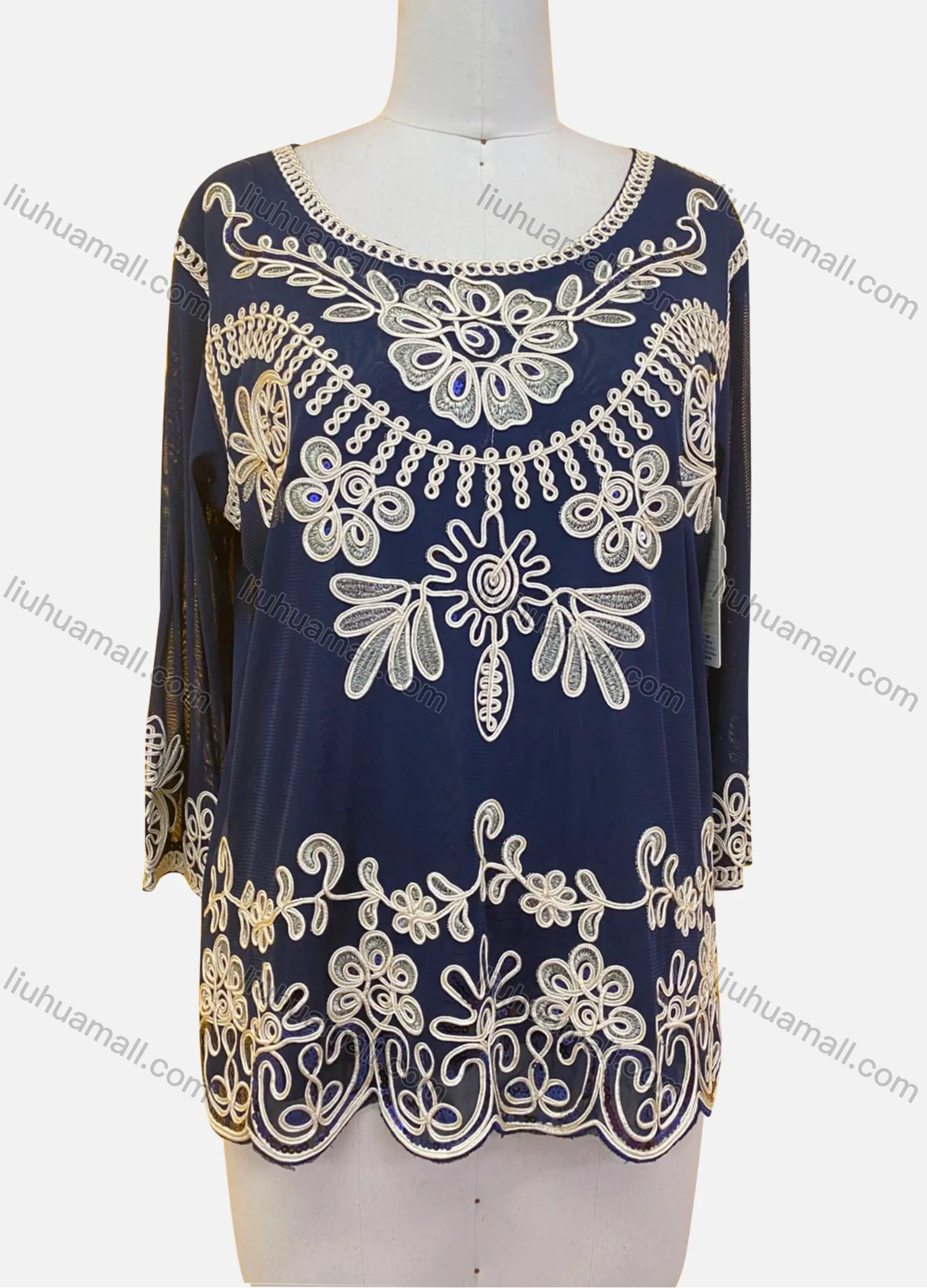 Wholesale Women's Elegant Floral Embroidery Sheer Round Neck Half Sleeve Blouse - Liuhuamall