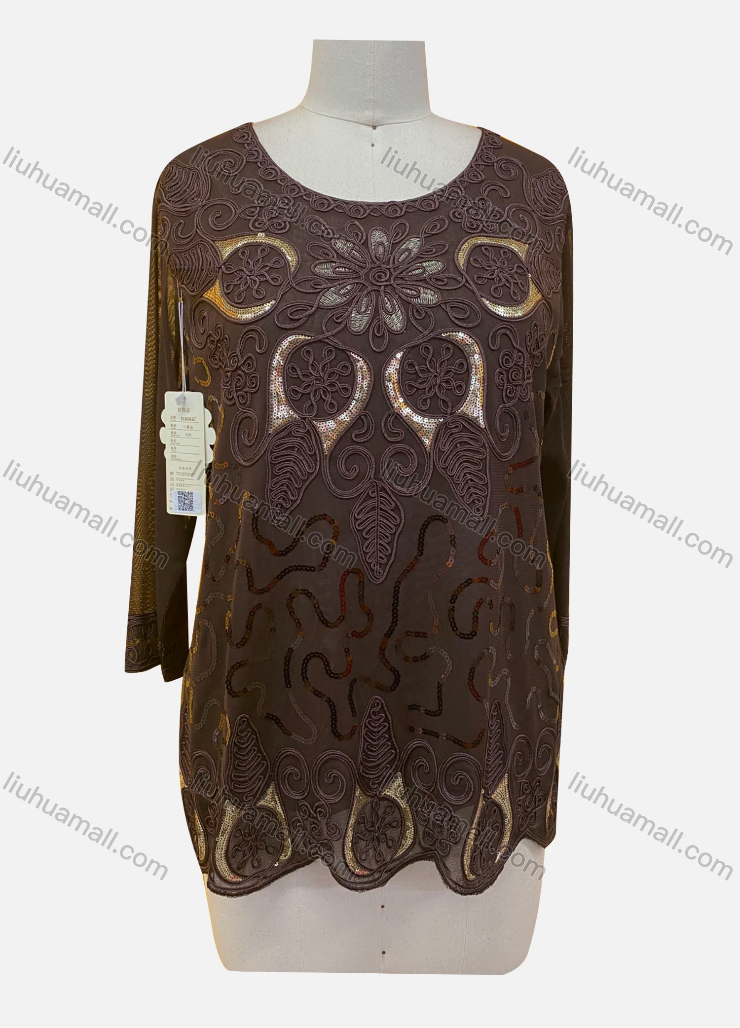 Wholesale Women's Elegant Floral Sequin Embroidery Round Neck Sheer Half Sleeve Blouse - Liuhuamall