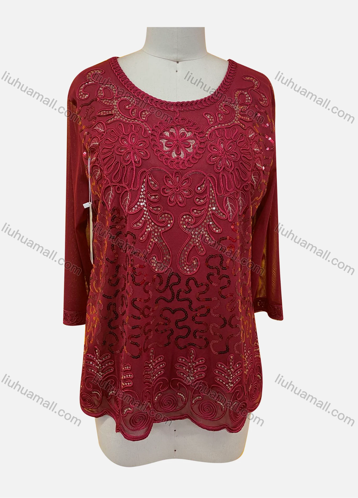 Wholesale Women's Elegant Plain Floral Sequin Embroidery Round Neck Sheer Half Sleeve Blouse - Liuhuamall