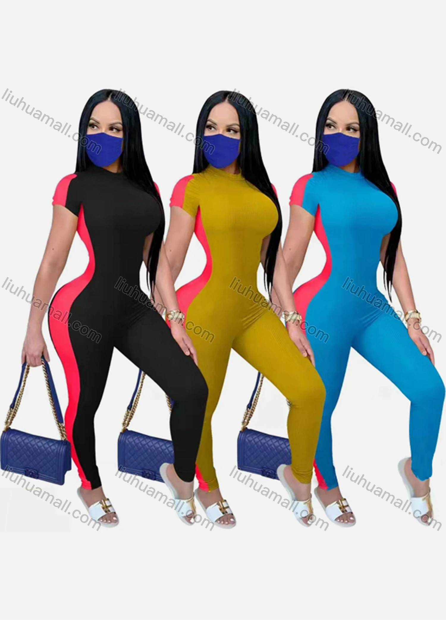 Wholesale Women's Sexy Short Sleeve Stiching Color Skinny Fit Jumpsuit - Liuhuamall