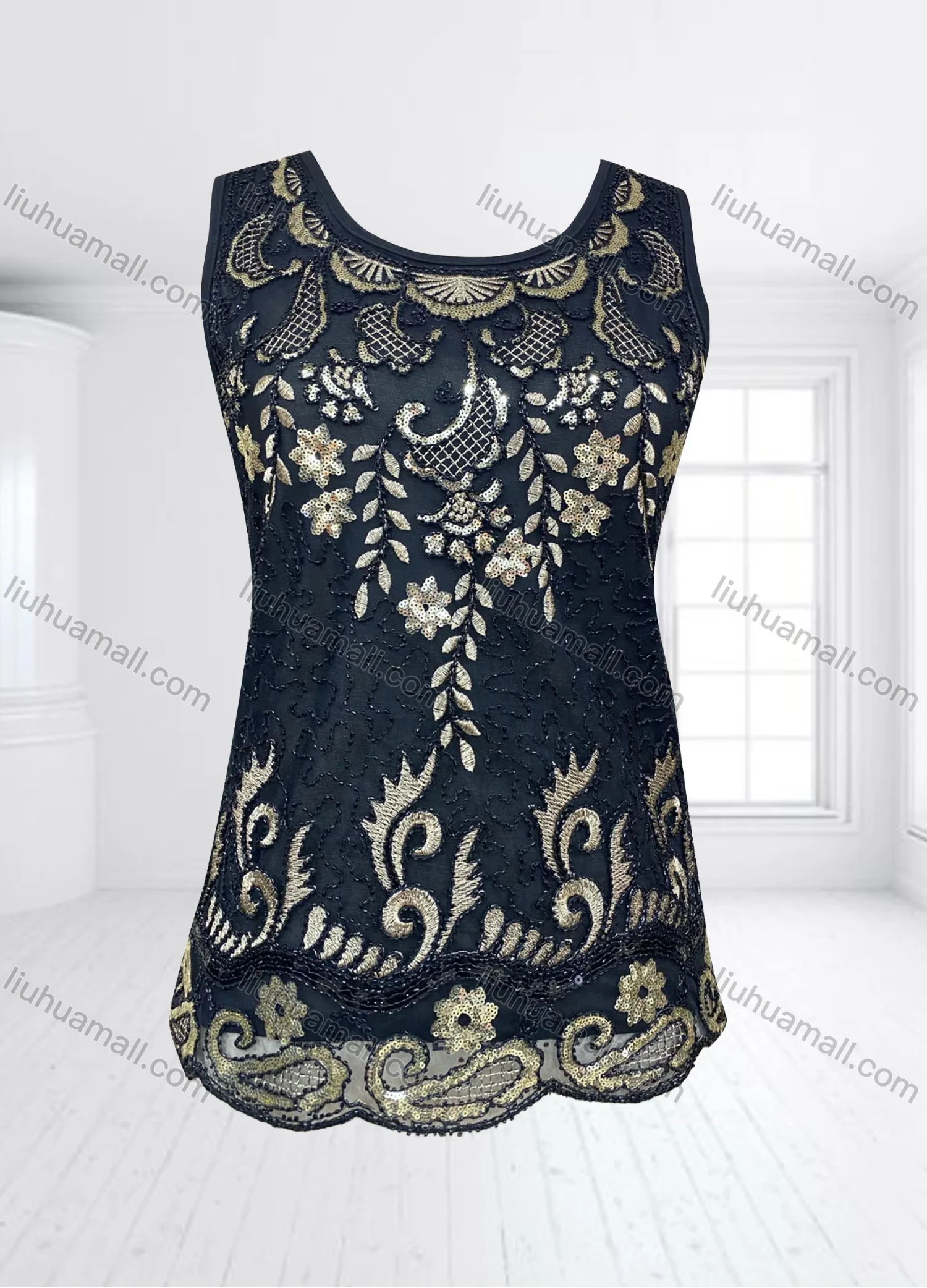 Wholesale Women's Scoop Neck Sheer Floral Sequin Tank Top - Liuhuamall
