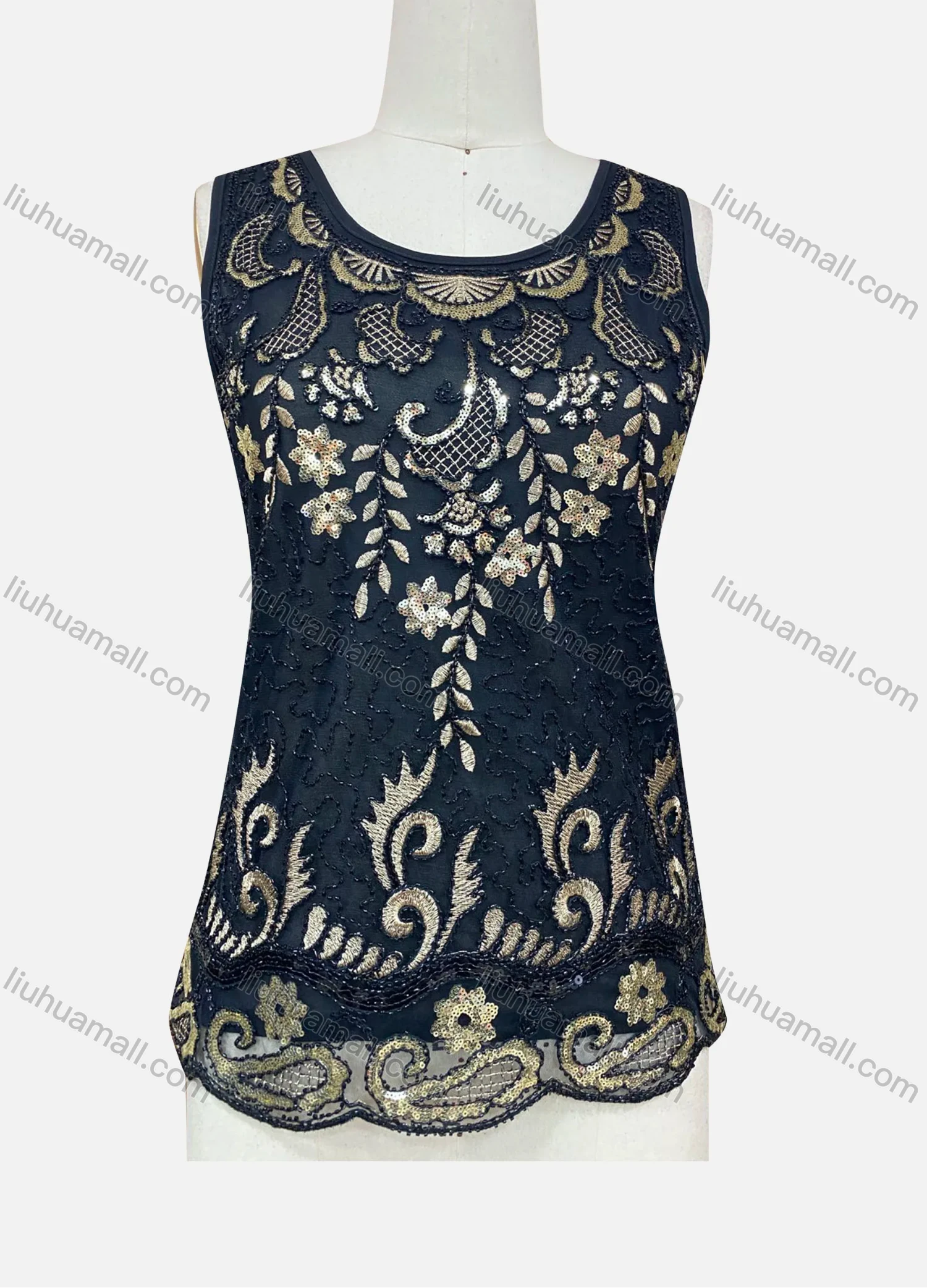 Wholesale Women's Scoop Neck Sheer Floral Sequin Tank Top - Liuhuamall