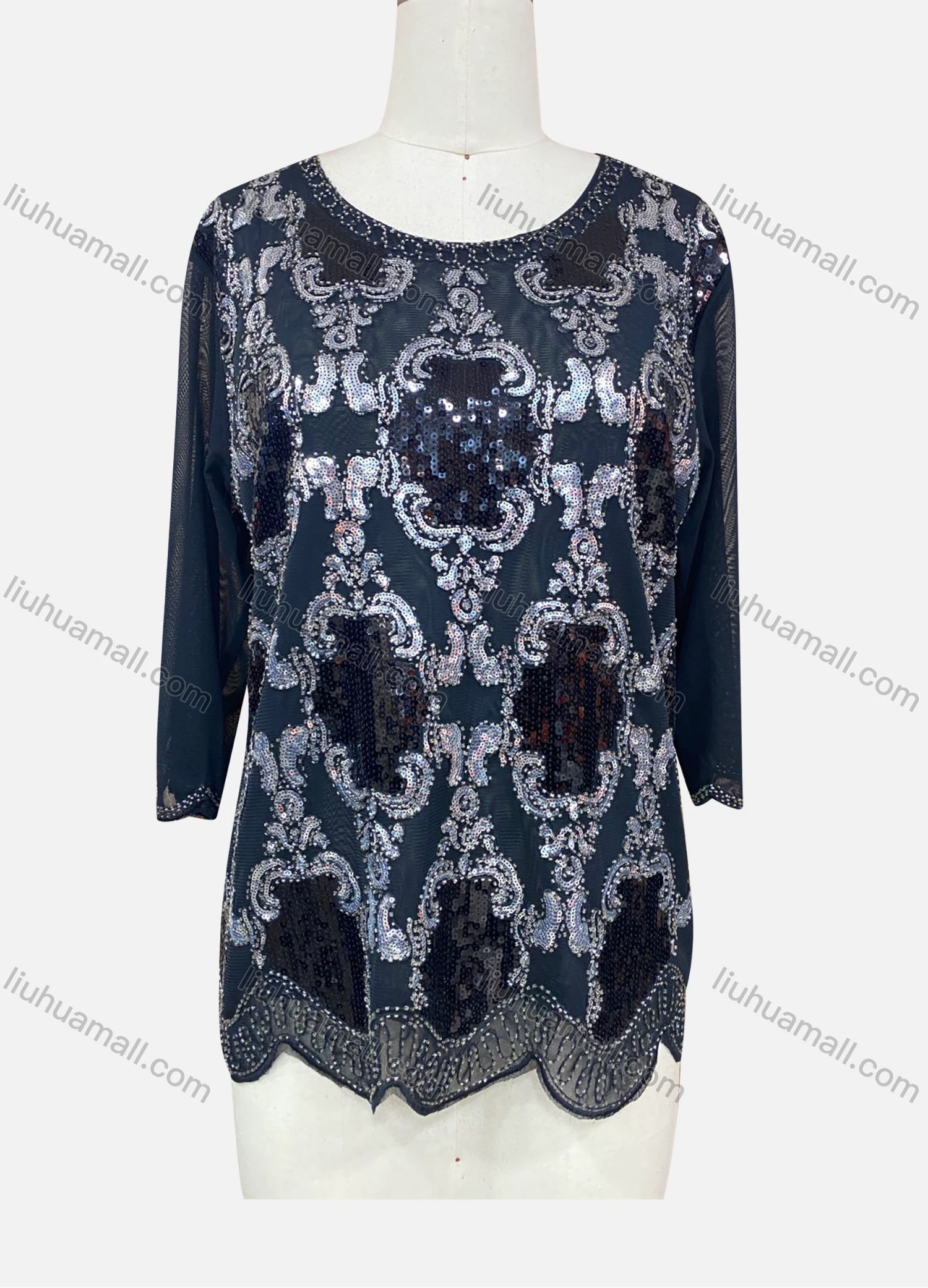 Wholesale Women's Elegant Floral Embroidery Sequin Sheer Round Neck Half Sleeve Blouse - Liuhuamall