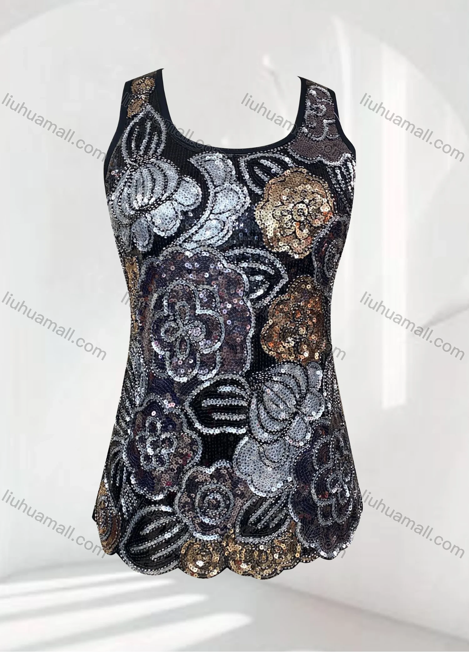Wholesale Women's Scoop Neck Sheer Allover Floral Sequin Scalloped Trim Tank Top - Liuhuamall
