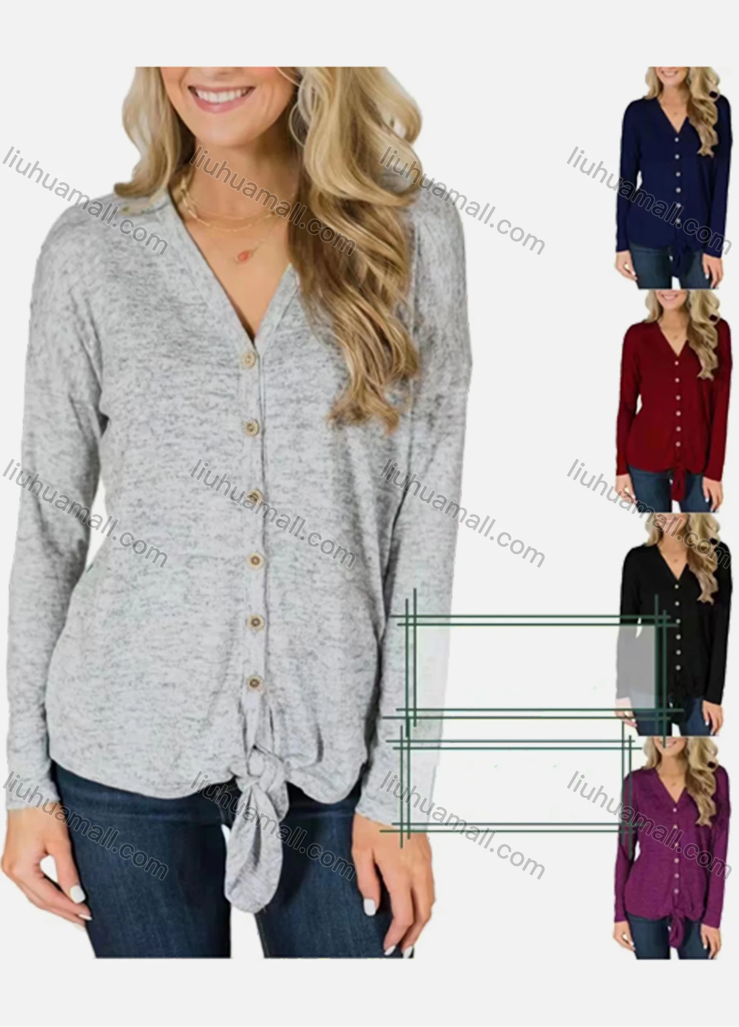 Wholesale Women's Casual V Neck Long Sleeve Button Down Cardigan - Liuhuamall