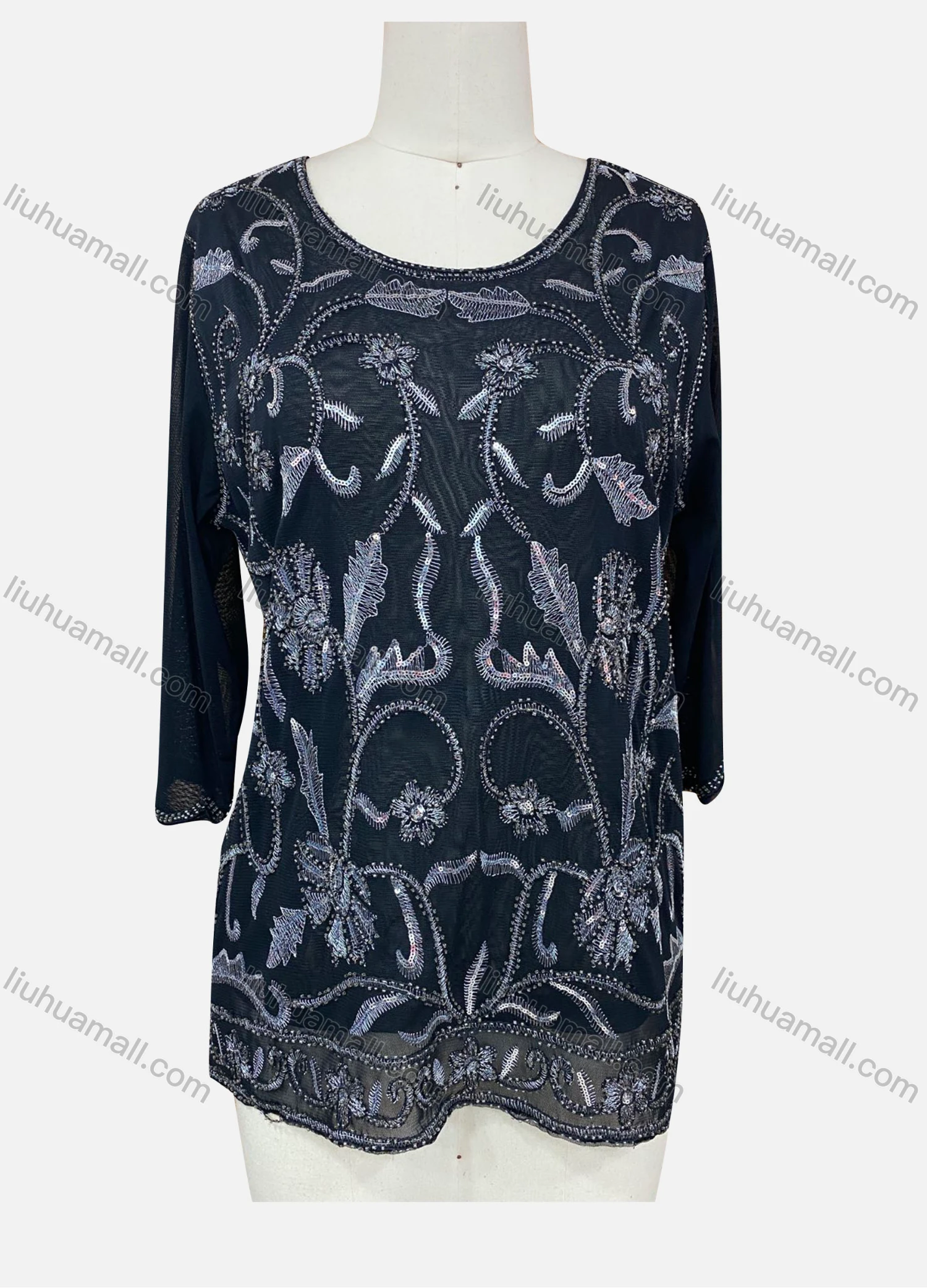 Wholesale Women's Elegant Floral Sequin Sheer Embroidery Round Neck Half Sleeve Blouse - Liuhuamall