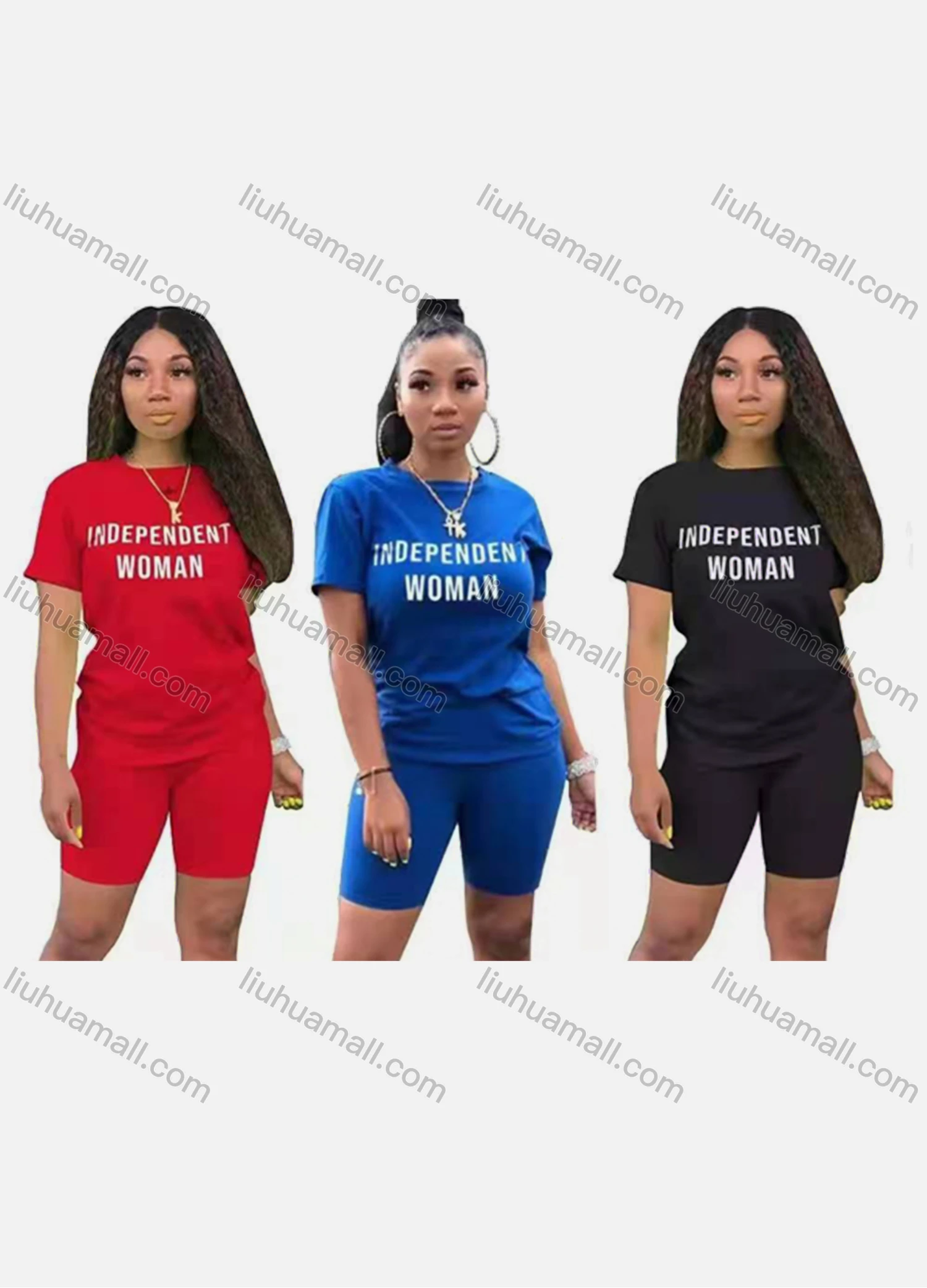 Wholesale Women's Casual Crew Neck Letter Plain T-shirt & Short Legging Set - Liuhuamall