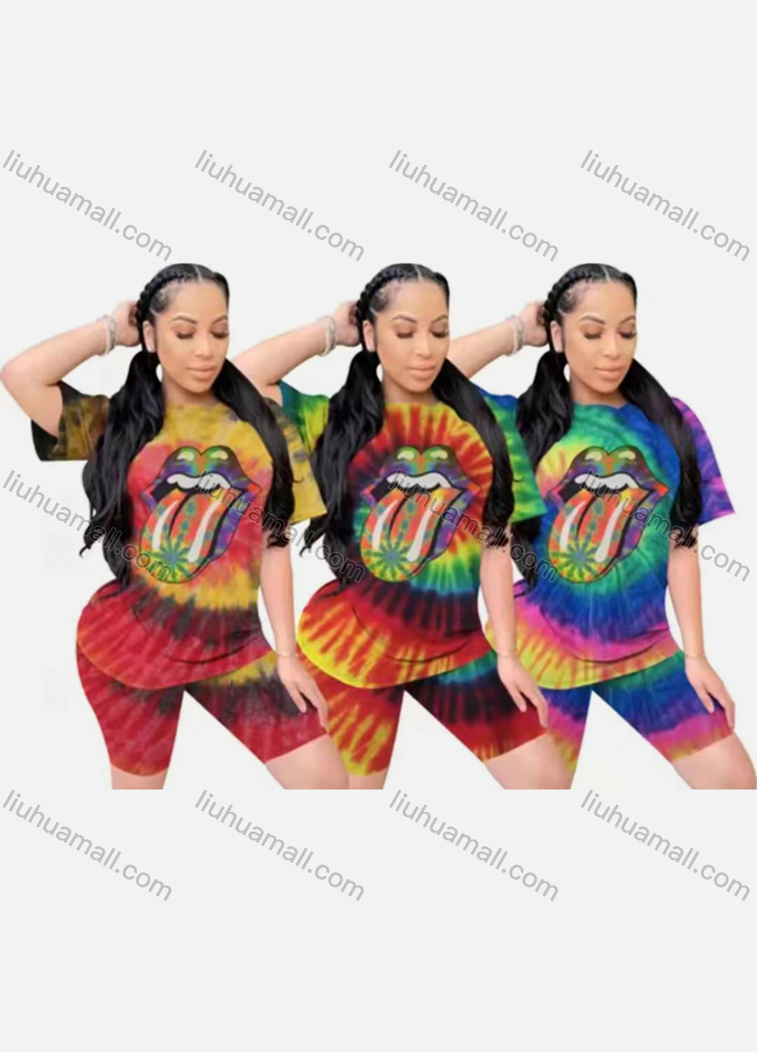 Wholesale Women's Casual Crew Neck Allover Print T-shirt & Short Legging Set - Liuhuamall