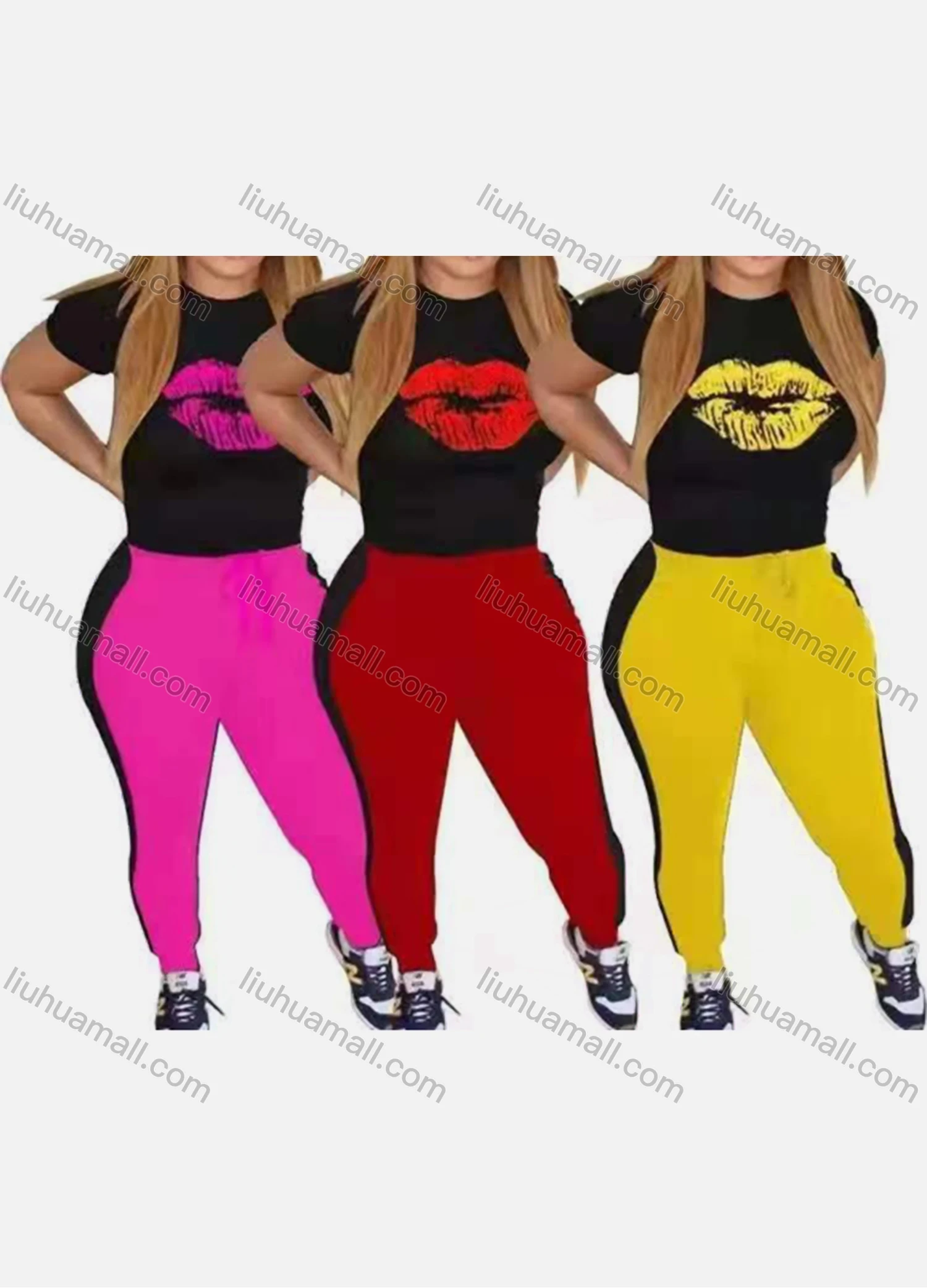 Wholesale Women's Casual Crew Neck Short Sleeve Graphic T-shirt & Legging Set - Liuhuamall