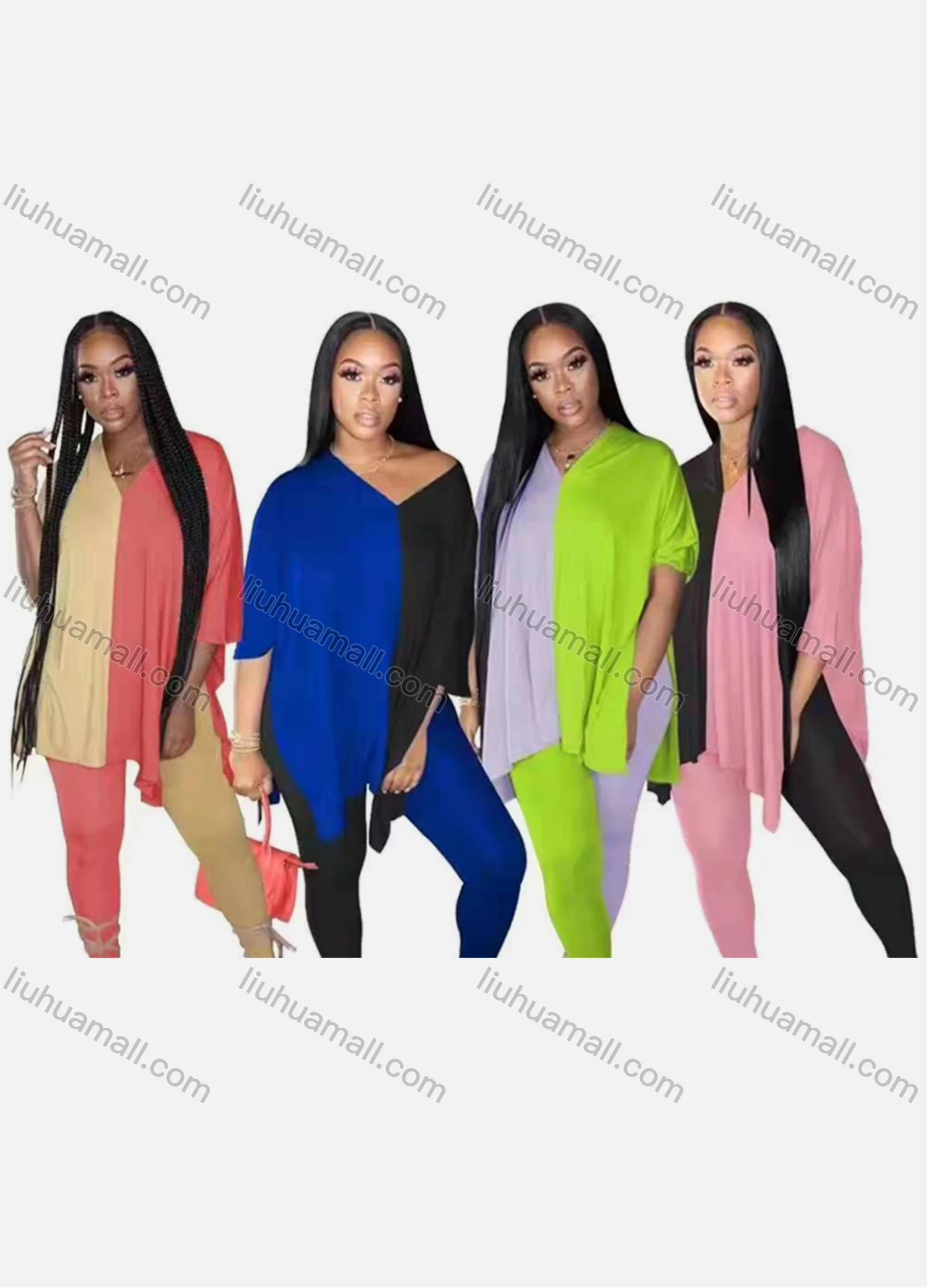 Wholesale Women's Casual V Neck 3/4 Sleeve Stiching Color Blouse & Legging Set - Liuhuamall