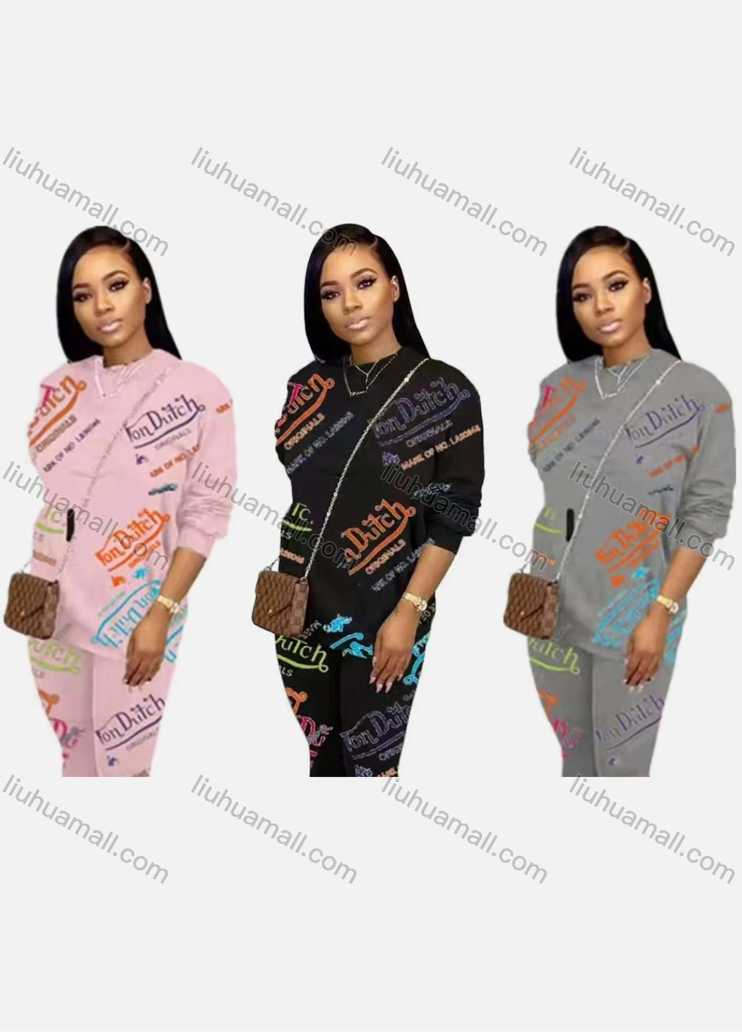Wholesale Women's Casual Crew Neck Long Sleeve Letter Blouse & Pants Set - Liuhuamall