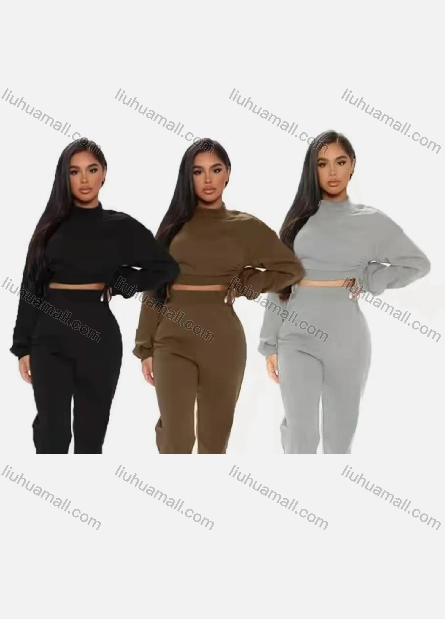 Wholesale Women's Casual Mock Neck Long Sleeve Letter Blouse & Pants Set - Liuhuamall
