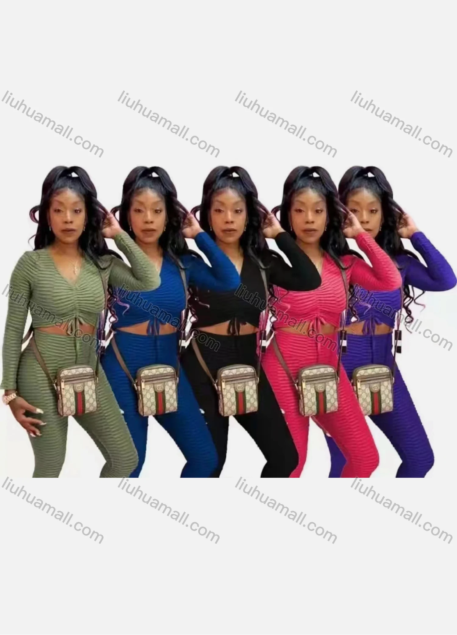 Wholesale Women's Casual Long Sleeve Drawstring Crop Blouse & Legging Set - Liuhuamall