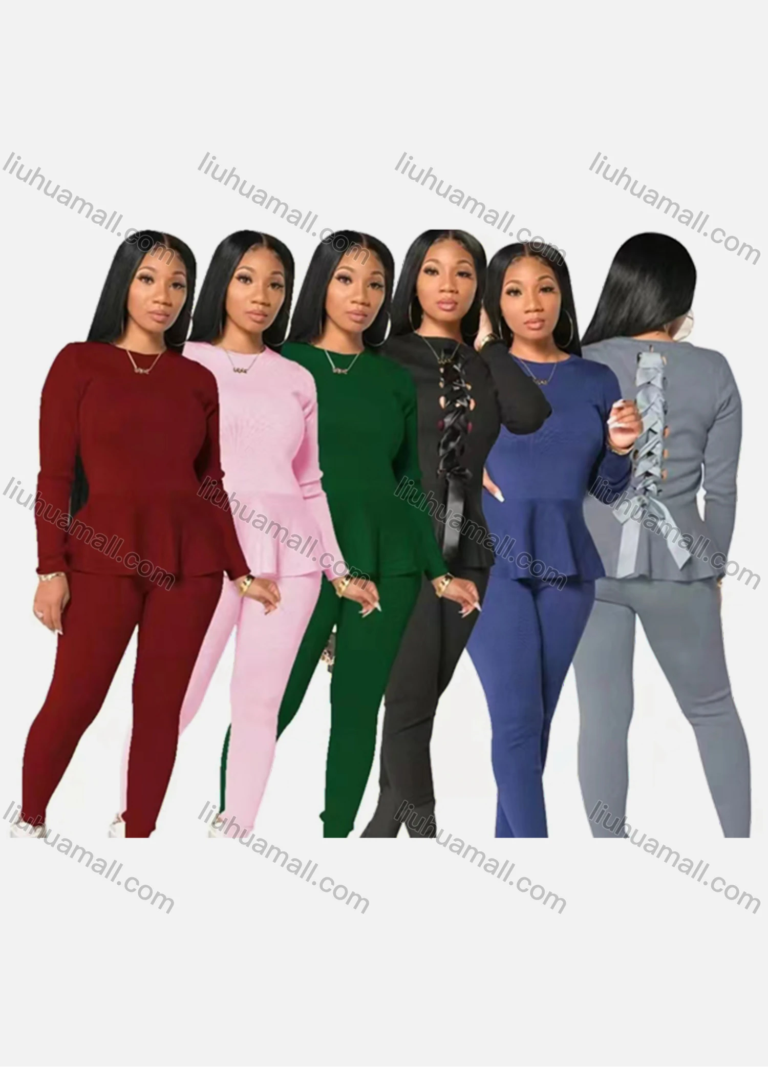 Wholesale Women's Casual Long Sleeve Ruffle Hem Criss Cross Blouse & Legging Set - Liuhuamall