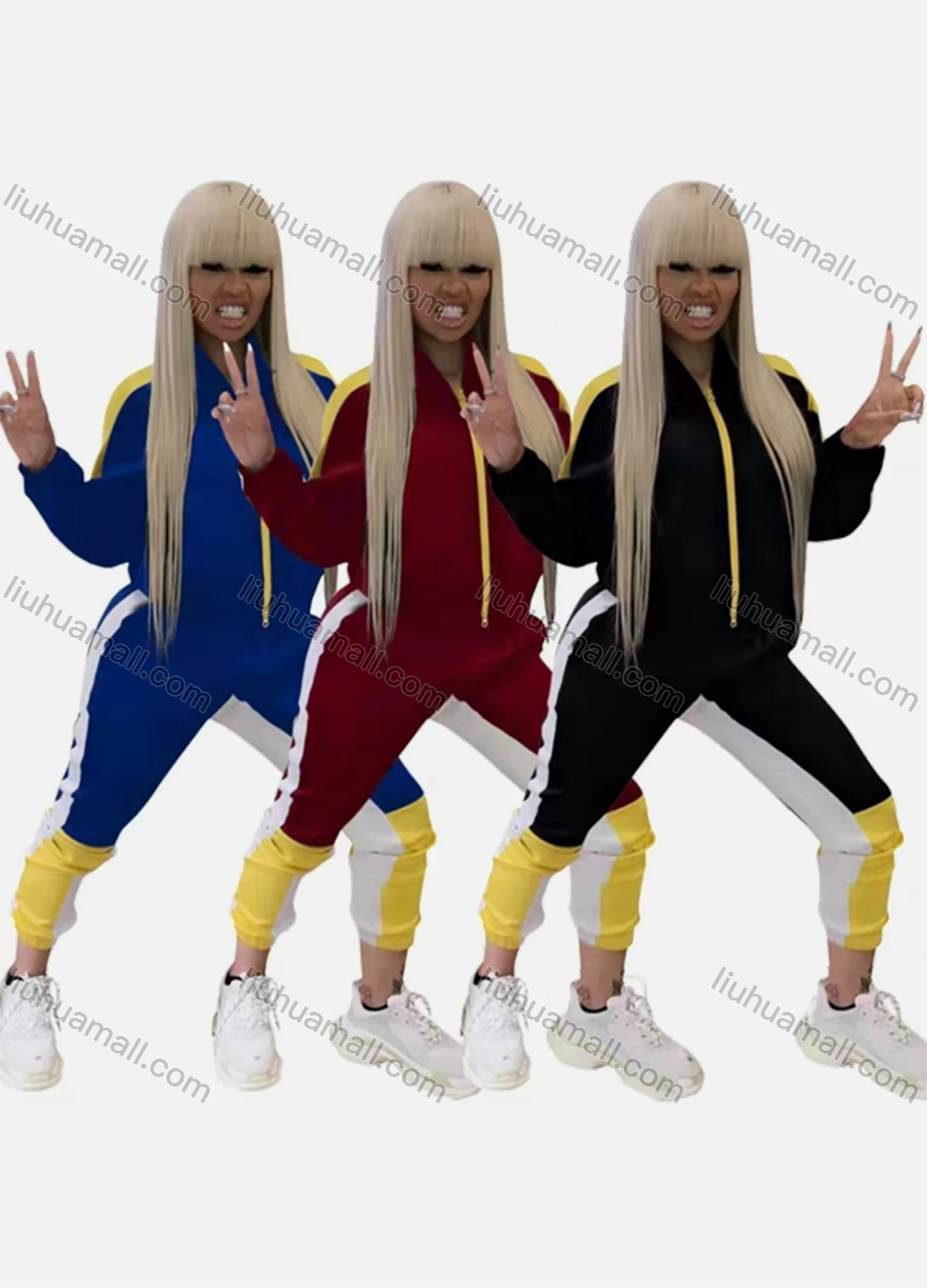 Wholesale Women's Casual Long Sleeve Striped Zipper Jacket & Pants Set - Liuhuamall