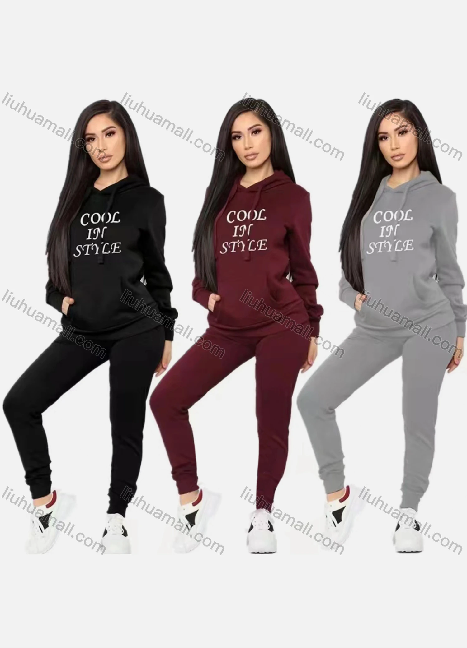 Wholesale Women's Casual Hooded Long Sleeve Letter Sweatshirt & Pants Set - Liuhuamall