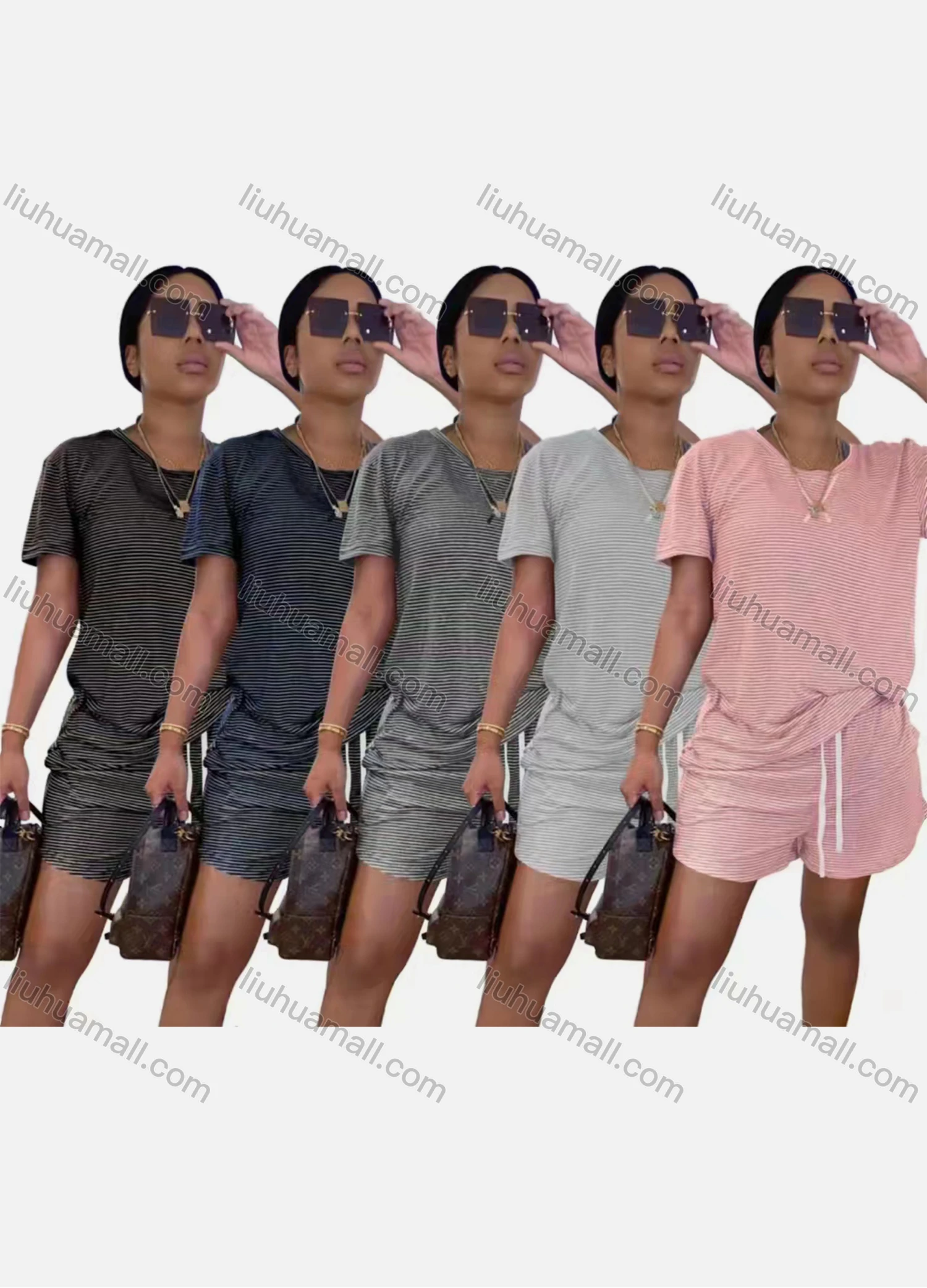 Wholesale Women's Casual Short Sleeve Striped T-shirt & Drawstring Shorts Set - Liuhuamall