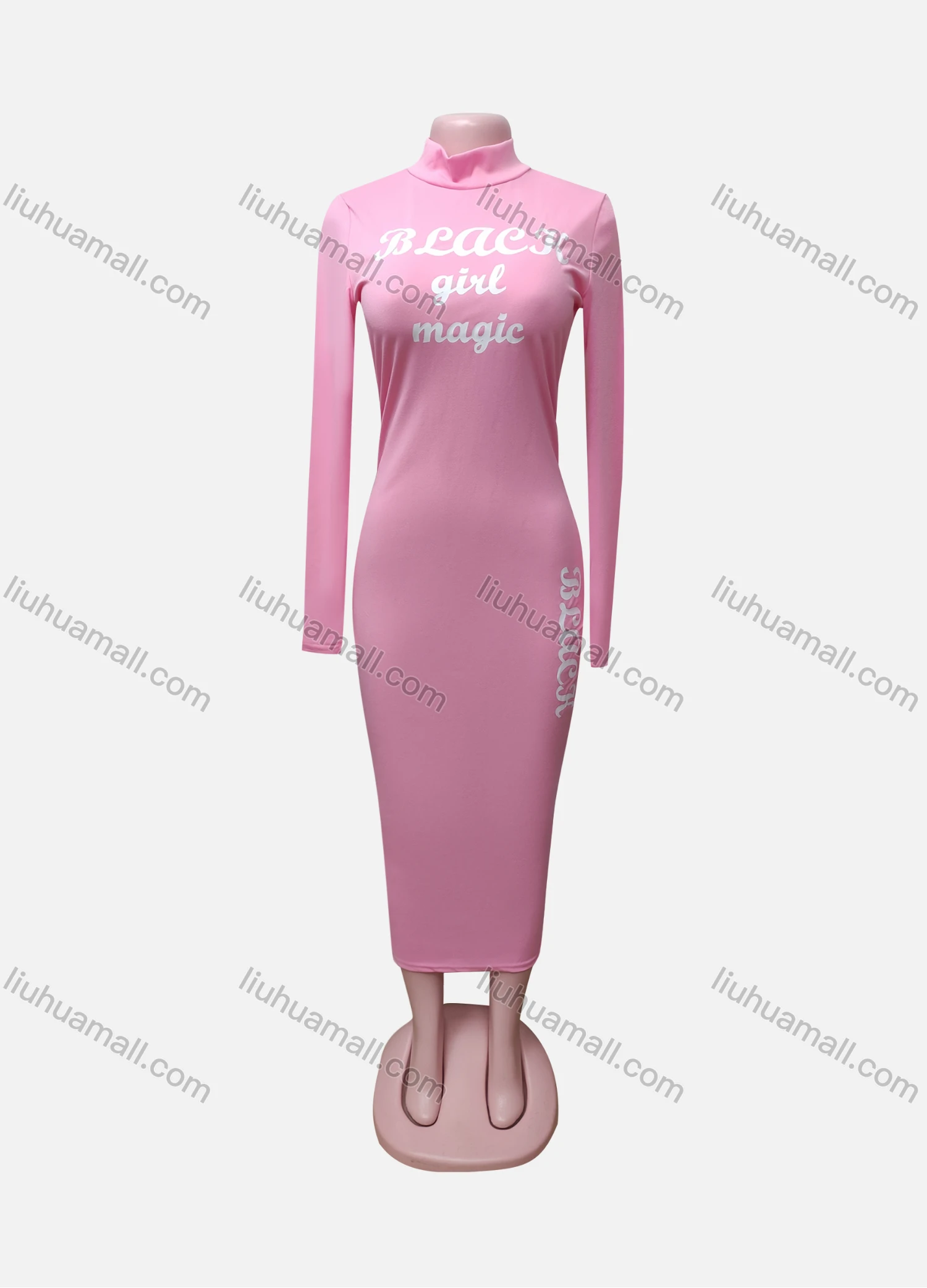 Wholesale Women's Casual High Neck Long Sleeve Letter Slim Fit Midi Dress - Liuhuamall