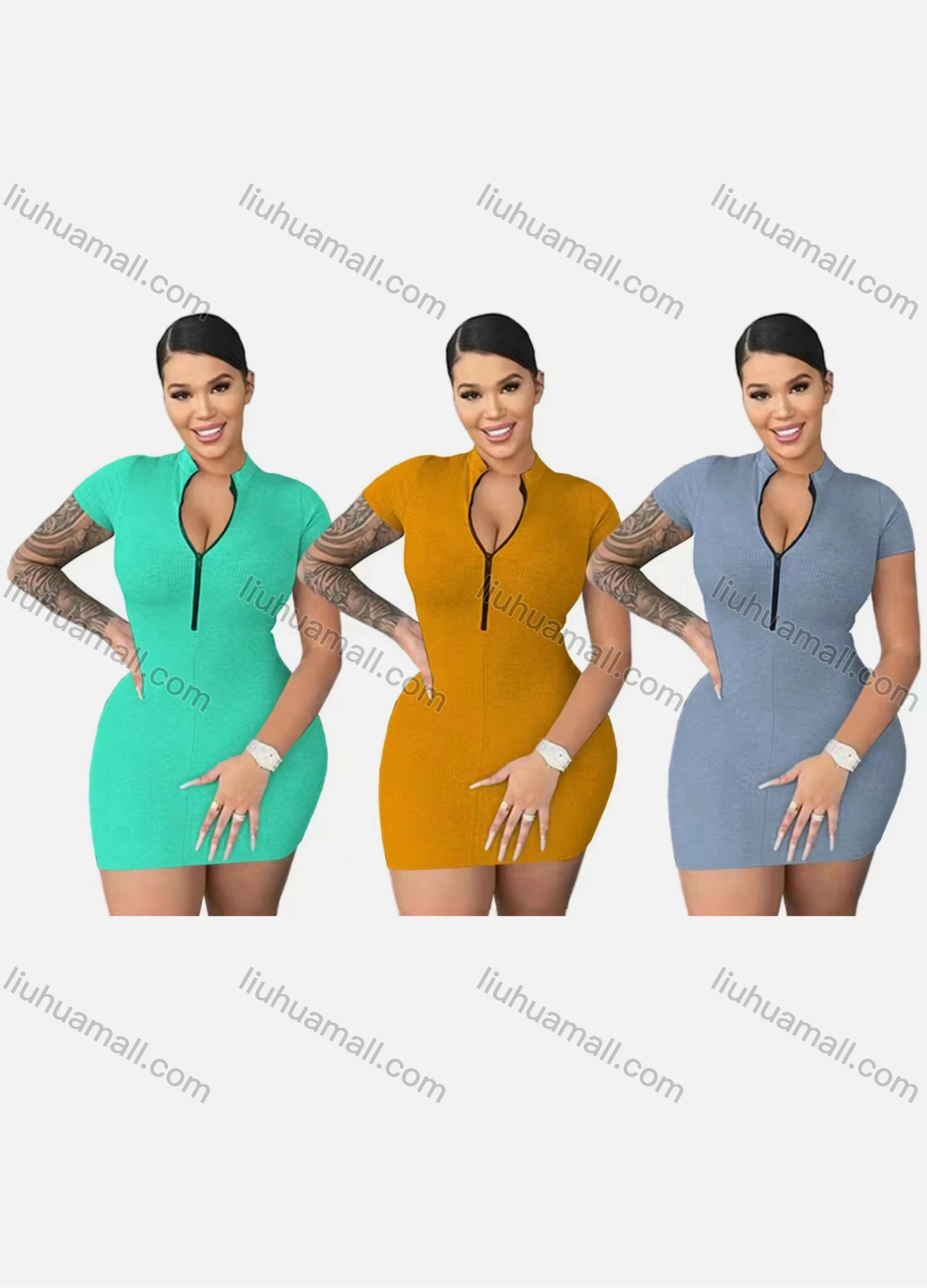 Wholesale Women's Casual Mock Neck Plain Quarter Zip Bodycon Short Dress - Liuhuamall