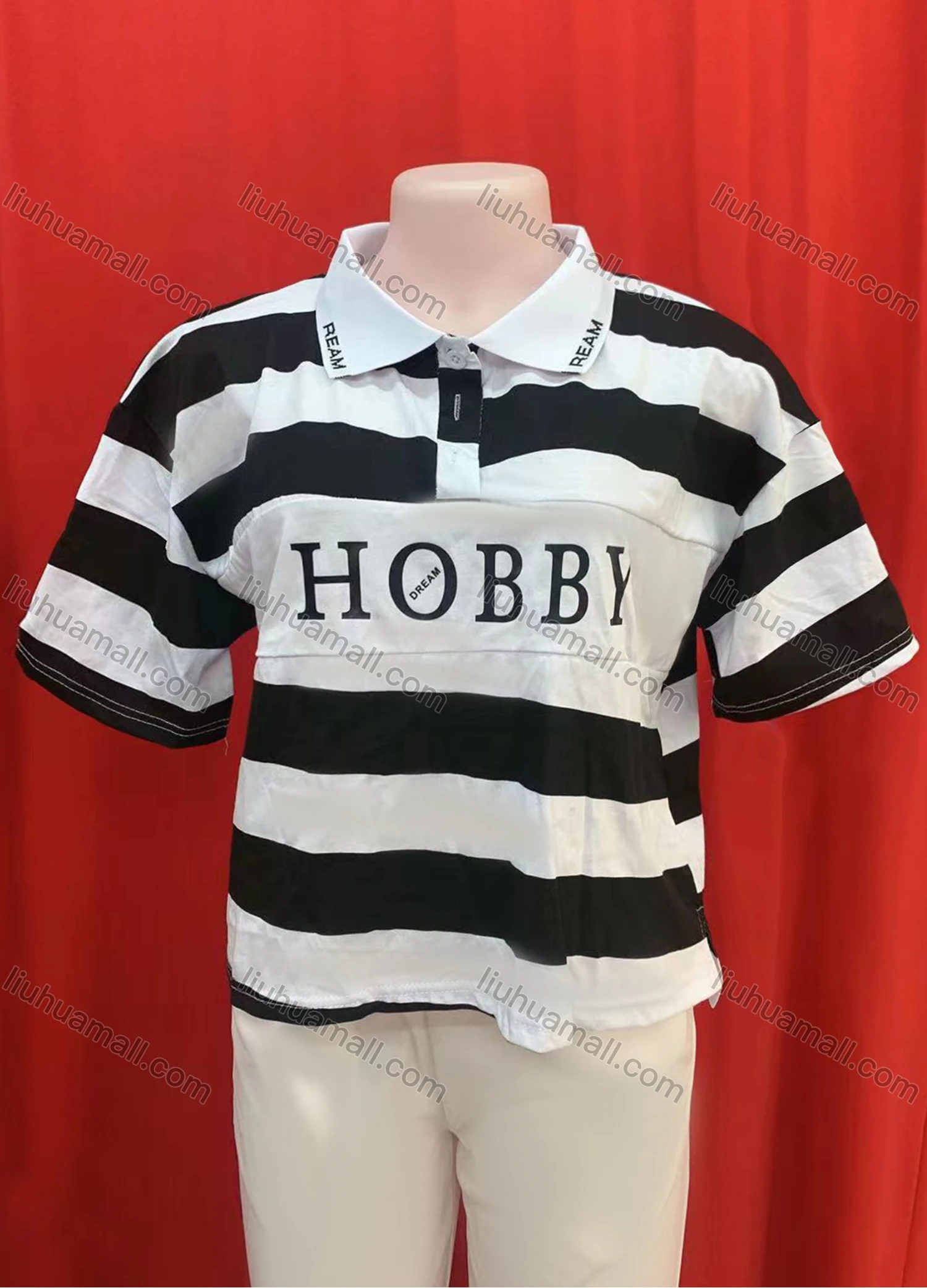 Wholesale Women's Casual Striped Letter Print Short Sleeve Polo Shirt - Liuhuamall
