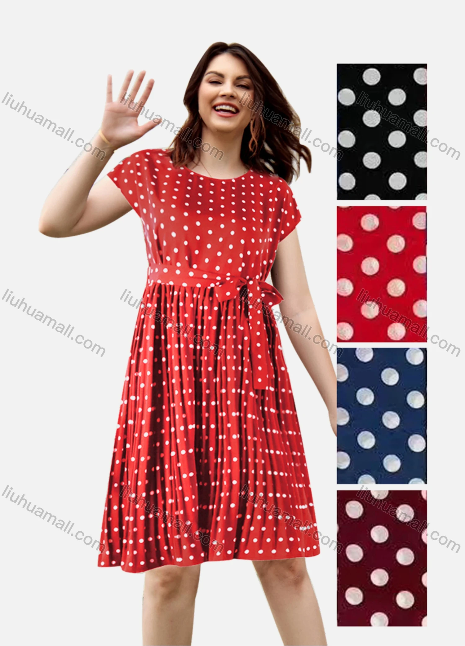 Wholesale Women's Casual Crew Neck Short Sleeve Lace Up Pleated Dress - Liuhuamall