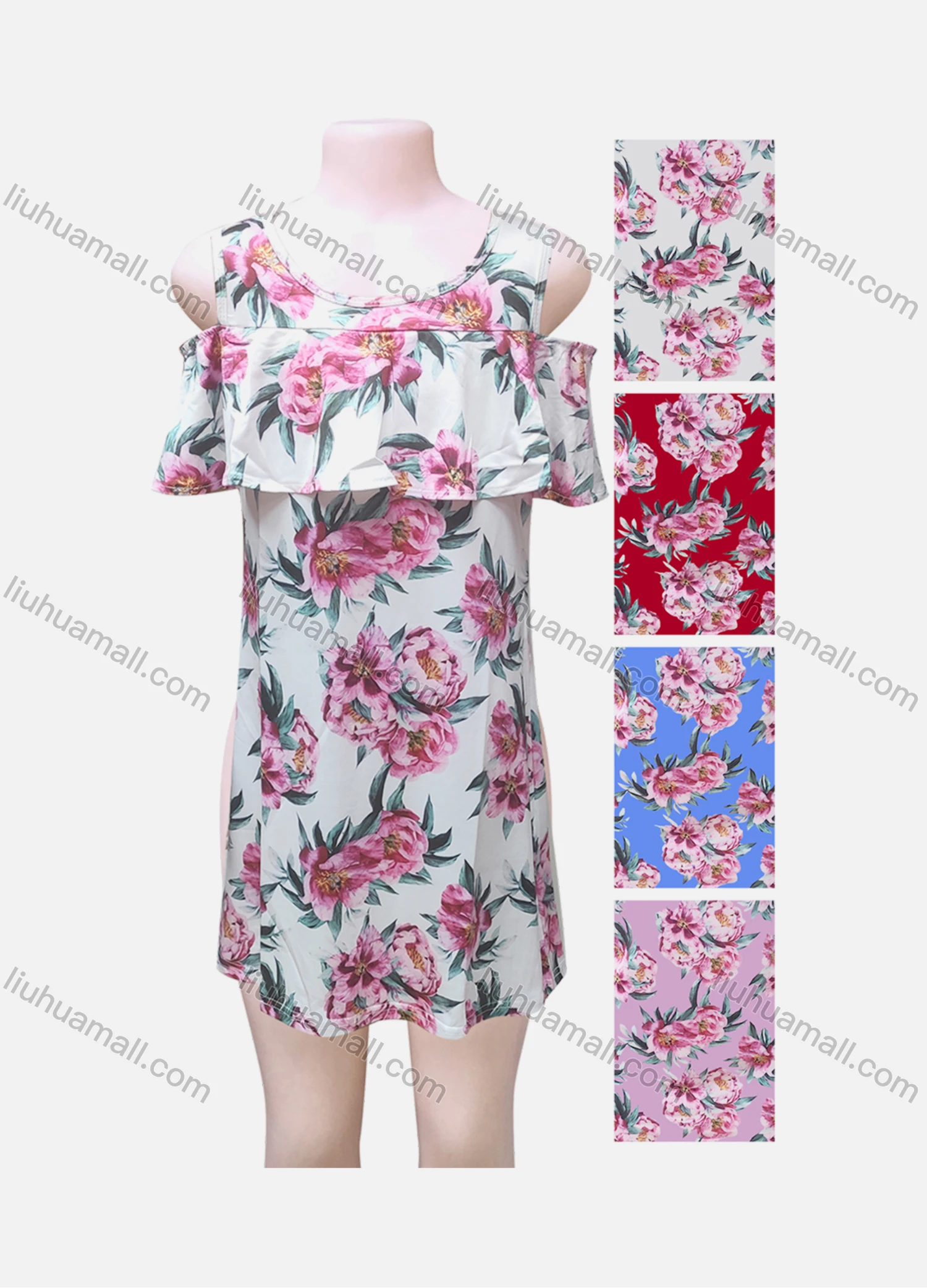 Wholesale Women's Casual Crew Neck Floral Print Ruffle Trim Tank Dress - Liuhuamall