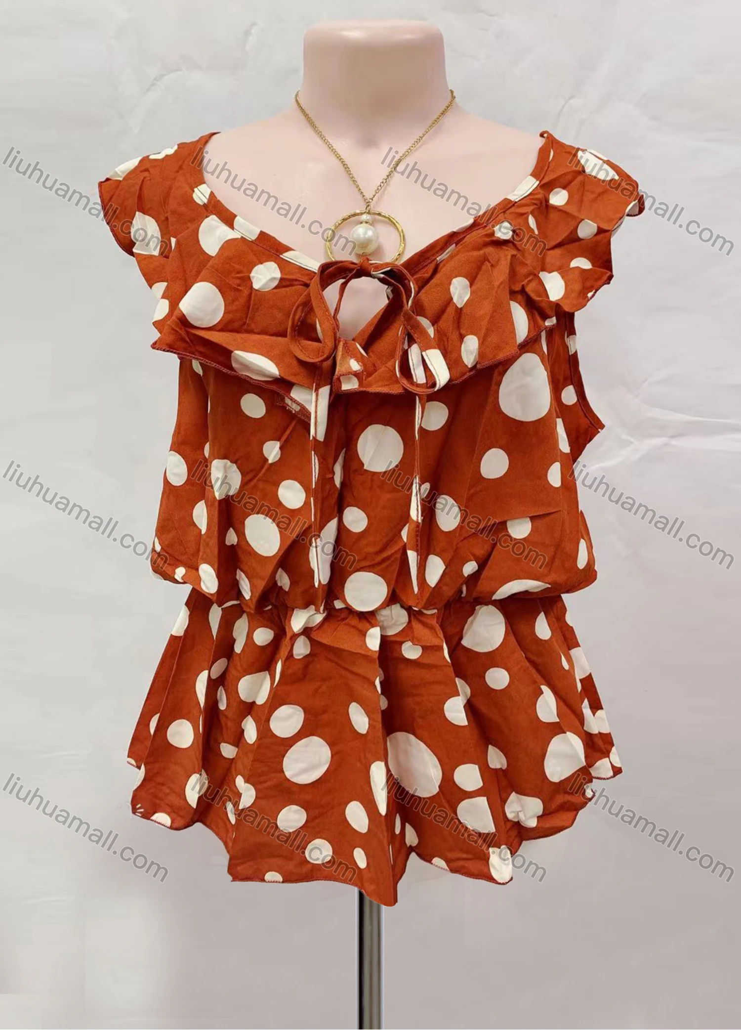 Wholesale Women's Casual Polka Dot Lace Up Ruffle Trim Tank Top - Liuhuamall