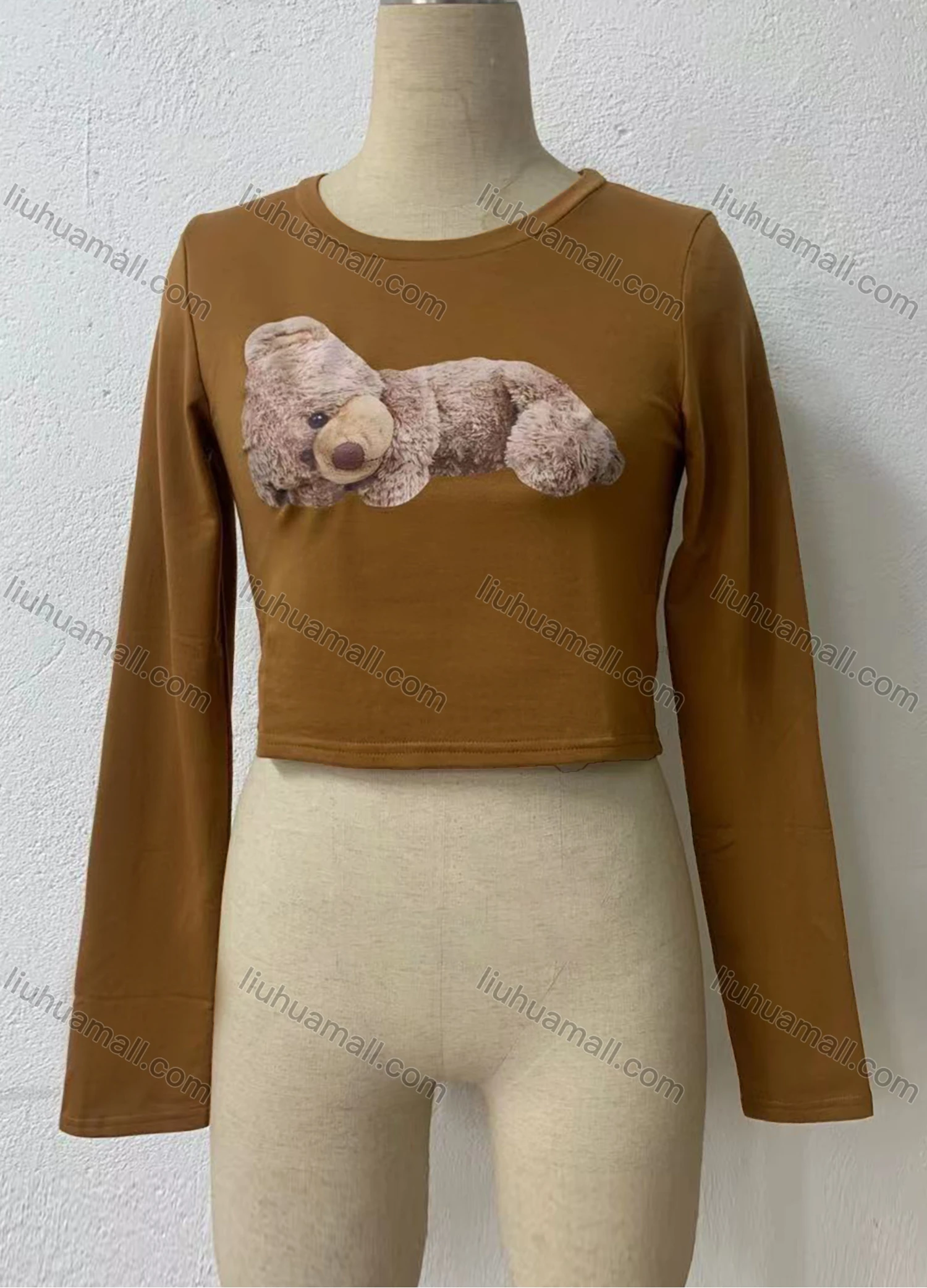 Wholesale Women's Casual Bear Pattern Round Neck Long Sleeve Crop Tee - Liuhuamall
