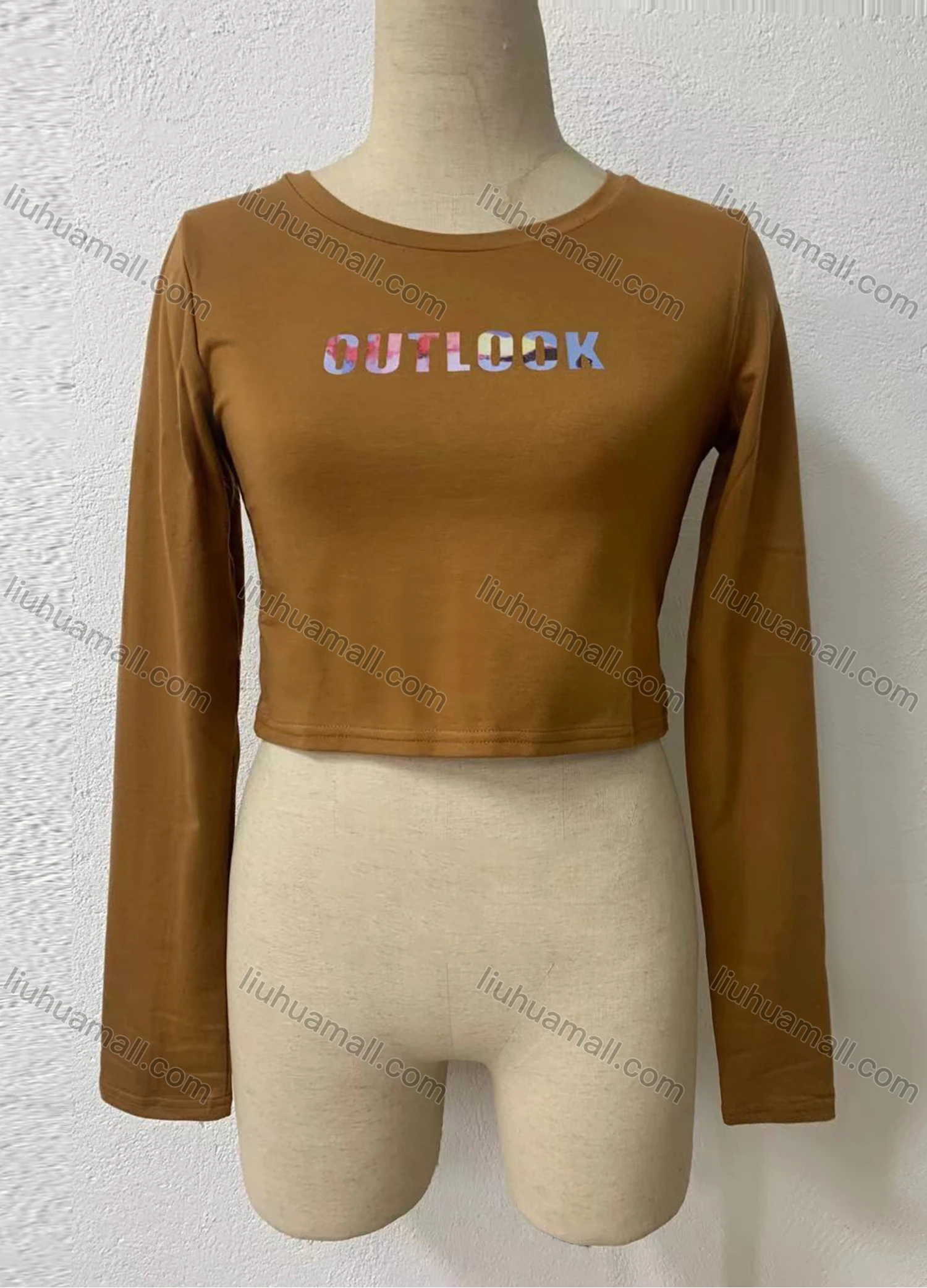 Wholesale Women's Casual Letter Graphic Round Neck Long Sleeve Crop Tee - Liuhuamall