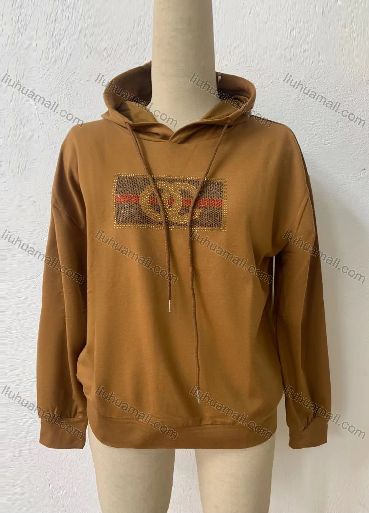 Wholesale Women's Casual Rhinestone Drawstring Long Sleeve Hoodie - Liuhuamall