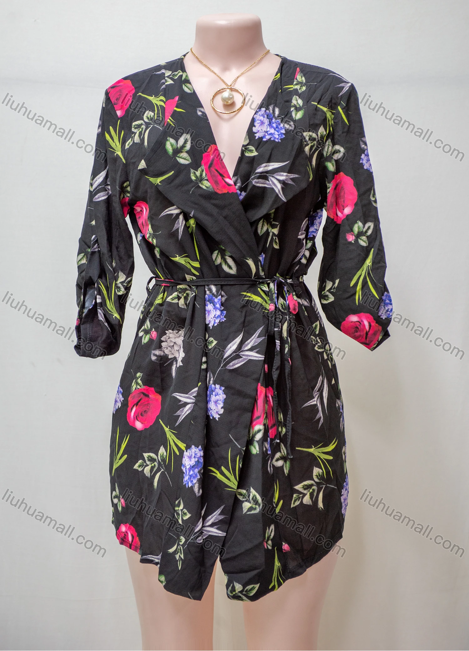 Wholesale Women's Casual Lapel 3/4 Sleeve Short Dress With Belt - Liuhuamall